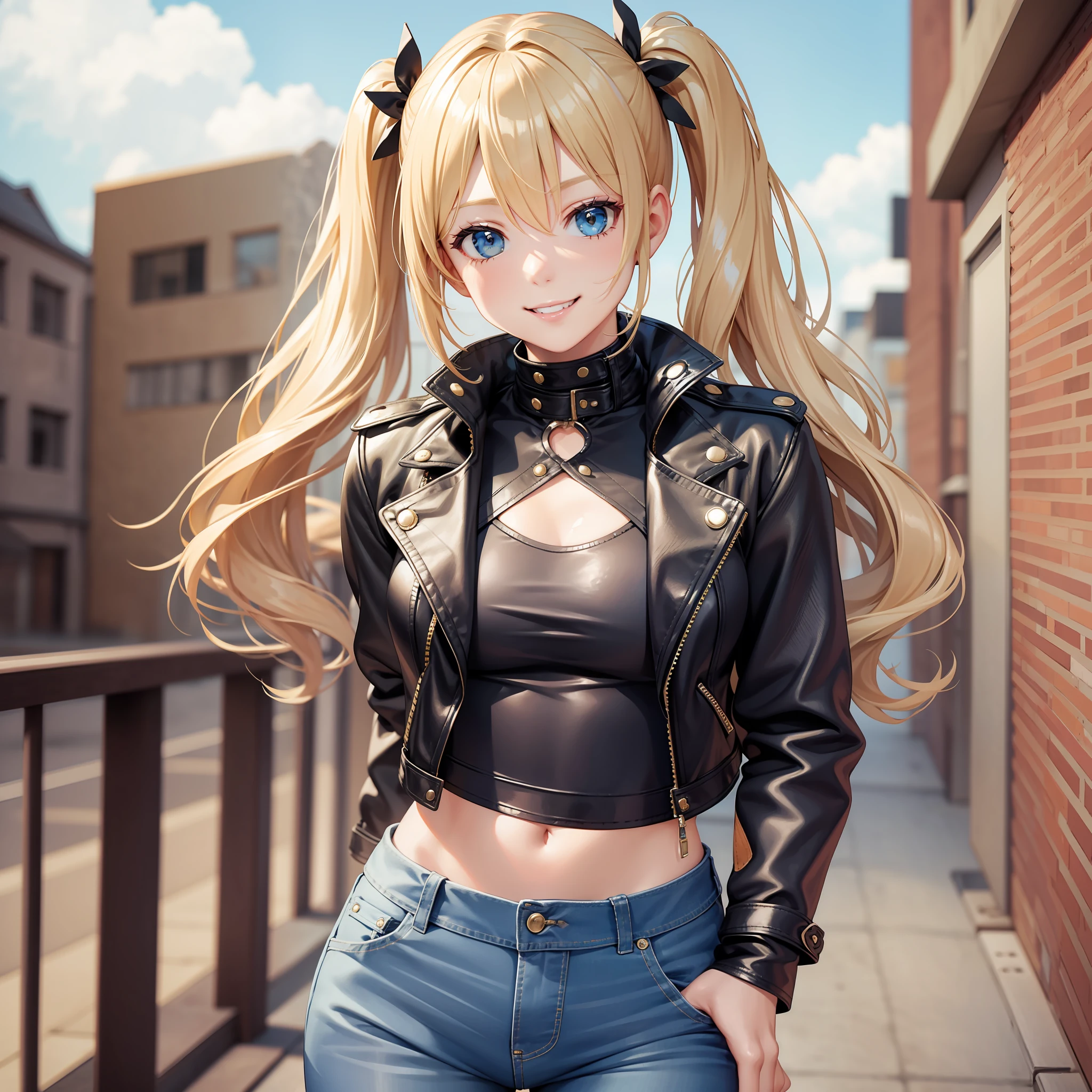 Leather jacket Girl Long Hair Top Quality Smile Blonde Masterpiece Jeans Twin Tails