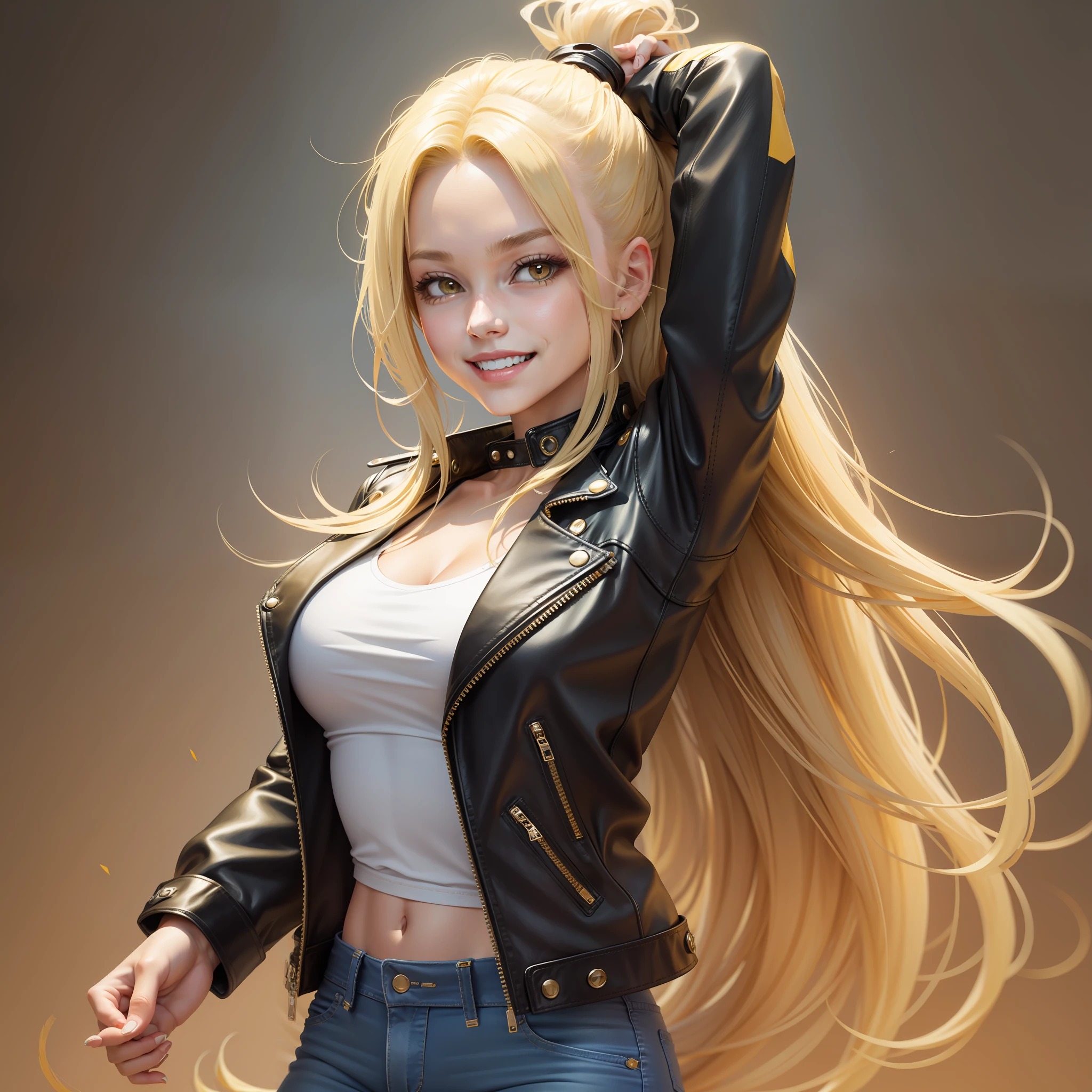 Yellow Leather Jacket Girl Long Hair Top Quality Smile Blonde Masterpiece Jeans Ponytail