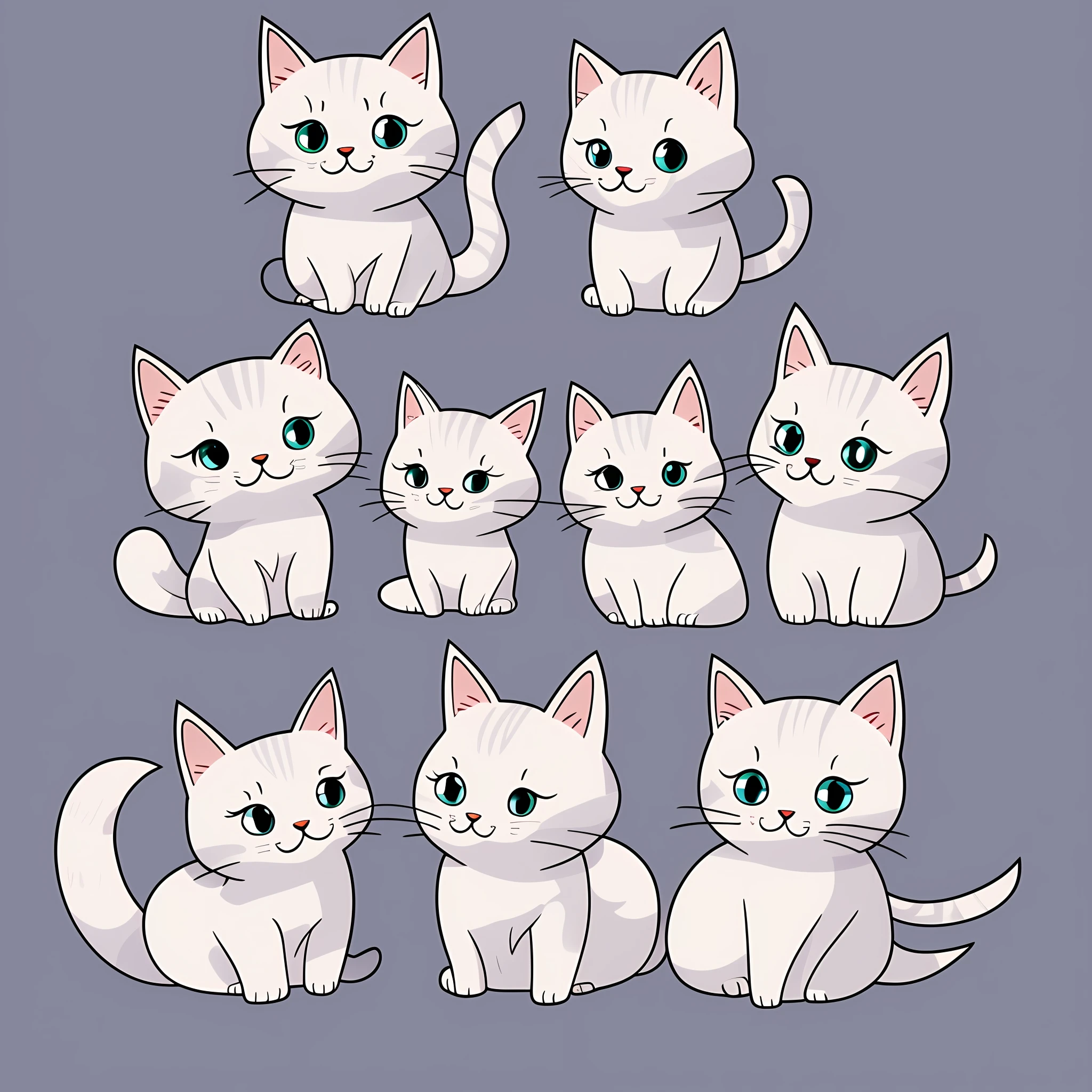 Cat sticker, illustration style, multi-expression, character art, white cat, cute body of dun, flat illustration, white without background, 4k quality Cat and cat wise eyes, dynamic, demeanor, cuteness, details, 4K HD --auto --s2
