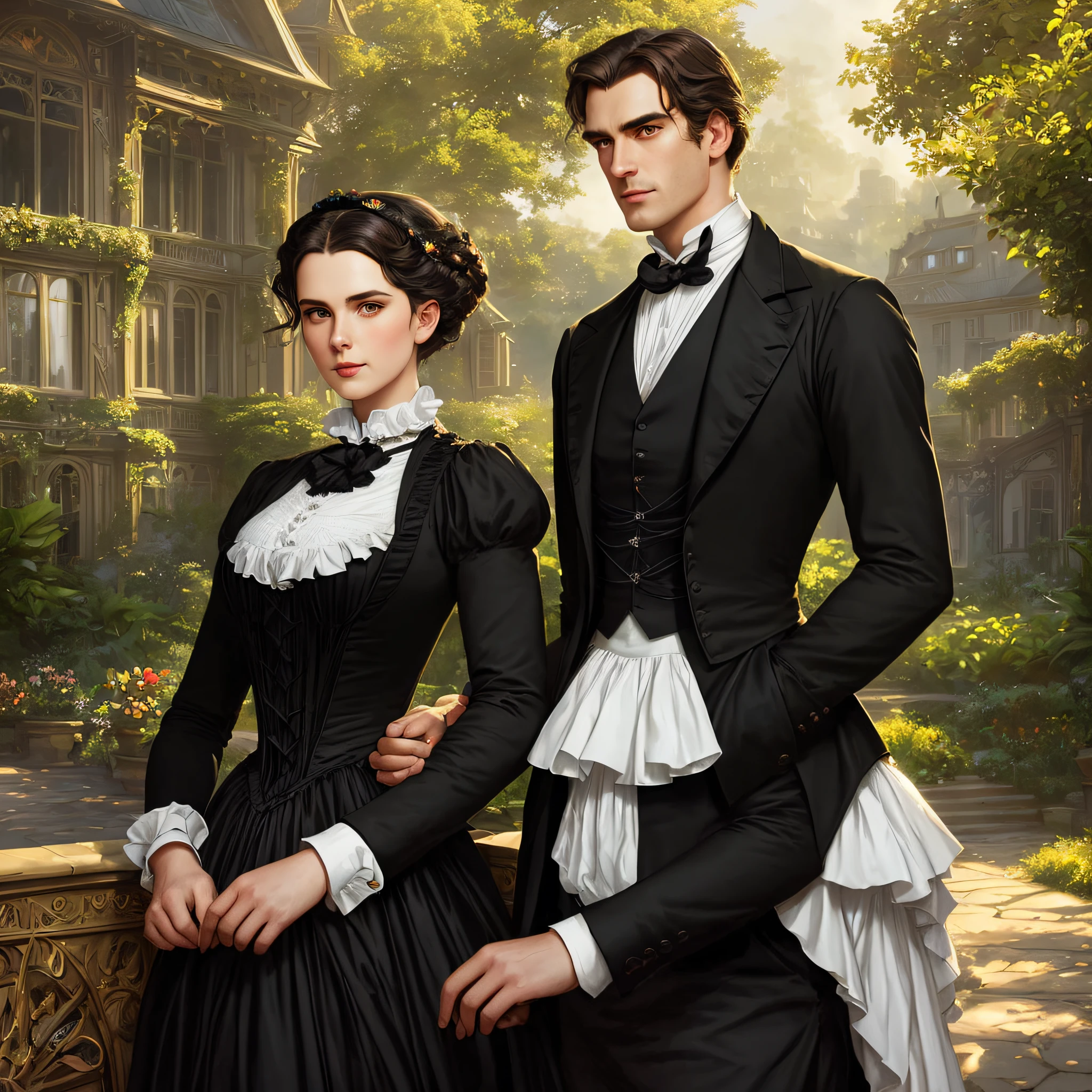 masterpiece full body 1handsome strong victorian gentleman and his 20 years old delicate and curvy girlfriend, scarlett ohara, wearing british victorian lady riding outfit, balck lady dress, ruddy skin, dark brown straight medium hair, detailed perfect almond-shaped emerald green eyes, perfect sensual and full lips, ((sunny victorian mansion garden background)), cover, hyperdetailed painting, luminism, Bar lighting, complex, 4k resolution concept art portrait by Greg Rutkowski, Artgerm, WLOP, Alphonse Mucha: a stunning realistic photograph
