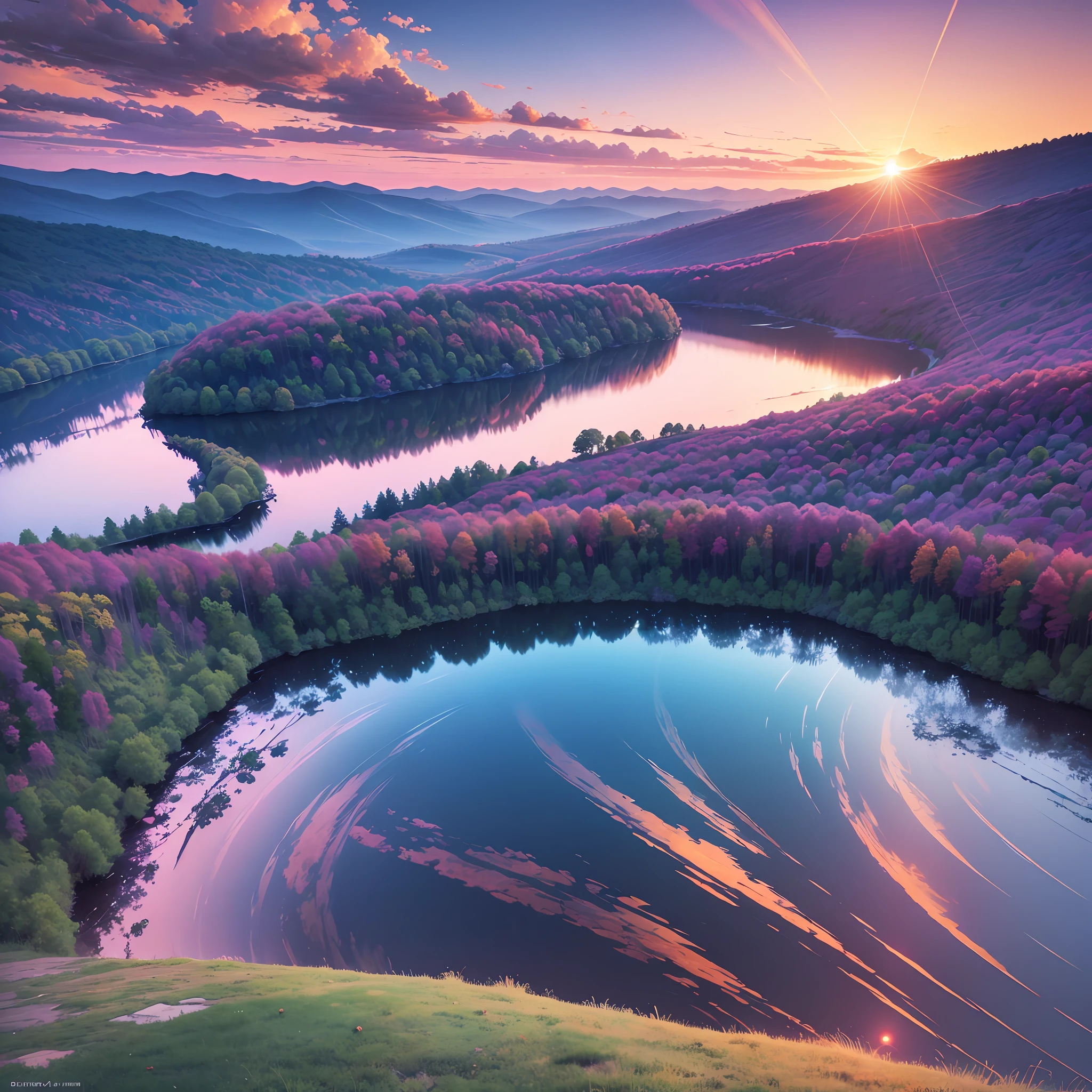 there is a beautiful sunset with a lake and trees in the background, colorful skies, surreal colors, colorful sunset, colorful sky, marvellous reflection of the sky, stunning sky, dream like atmosphere 8k, colorful clouds, colors reflecting on lake, surreal sky, red and blue reflections, fire reflection, beautiful sky, beautiful and spectacular dusk, beautiful dreamy landscape, amazing sky --auto --s2