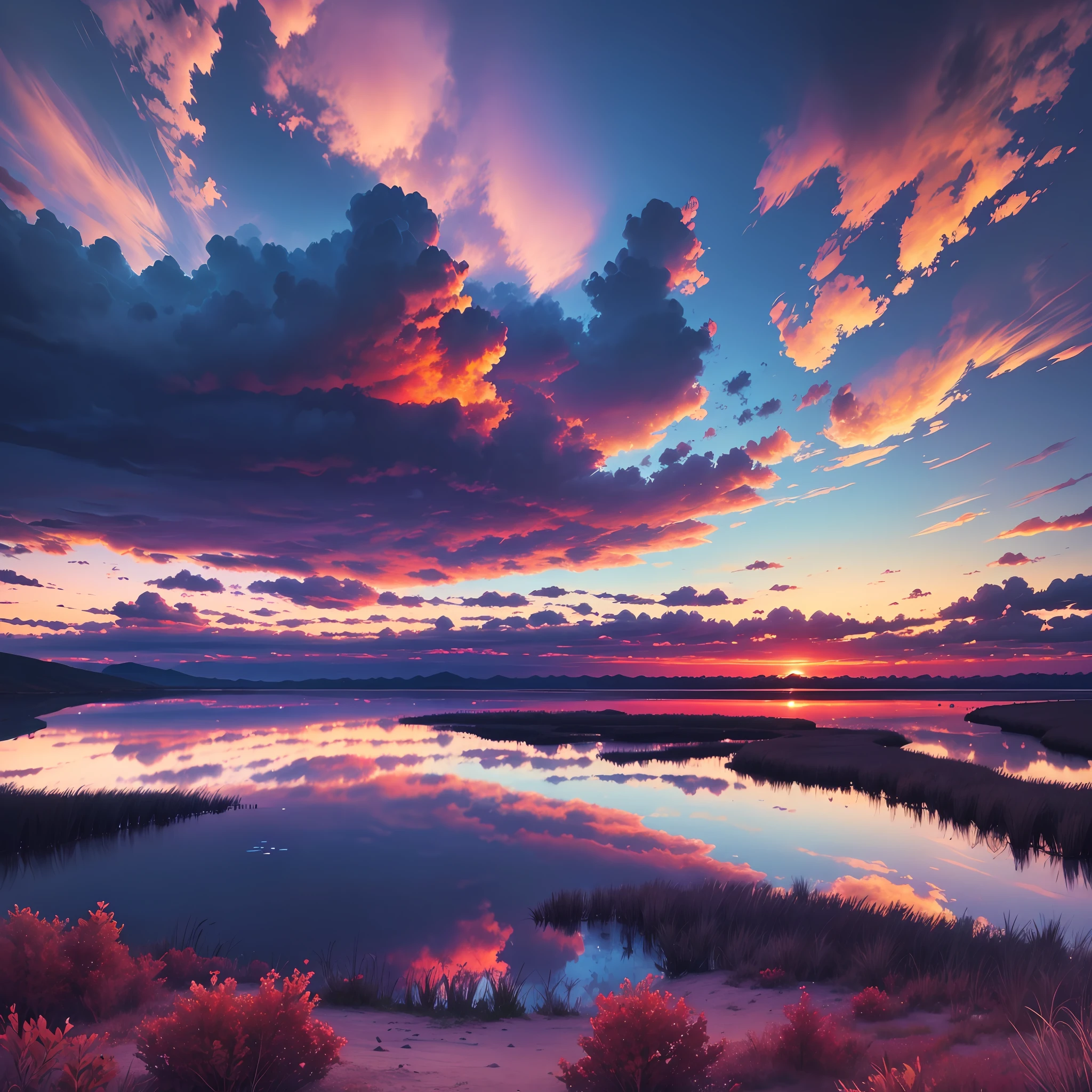 there is a beautiful sunset with a lake and trees in the background, colorful skies, surreal colors, colorful sunset, colorful sky, marvellous reflection of the sky, stunning sky, dream like atmosphere 8k, colorful clouds, colors reflecting on lake, surreal sky, red and blue reflections, fire reflection, beautiful sky, beautiful and spectacular dusk, beautiful dreamy landscape, amazing sky --auto --s2