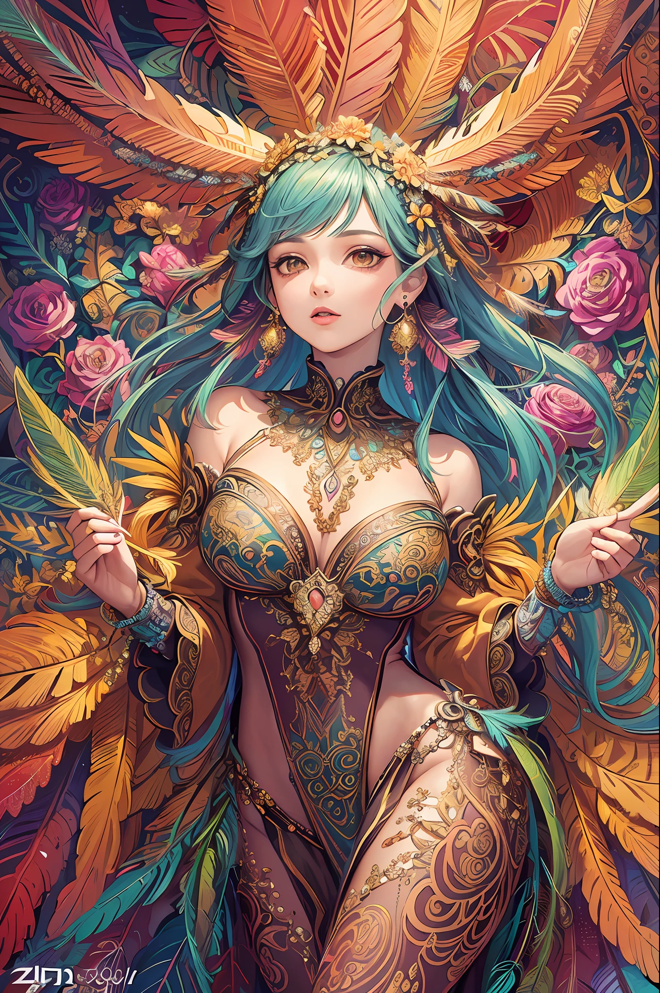 (masterpiece, top quality, best quality, official art, beautiful and aesthetic:1.2), (1girl:1.3), extremely detailed,(fractal art:1.1),(colorful:1.1)(flowers:1.3),highest detailed,(zentangle:1.2), (dynamic pose), (abstract background:1.3),  (shiny skin), (many colors:1.4), ,(earrings:1.4),  (feathers:1.4)