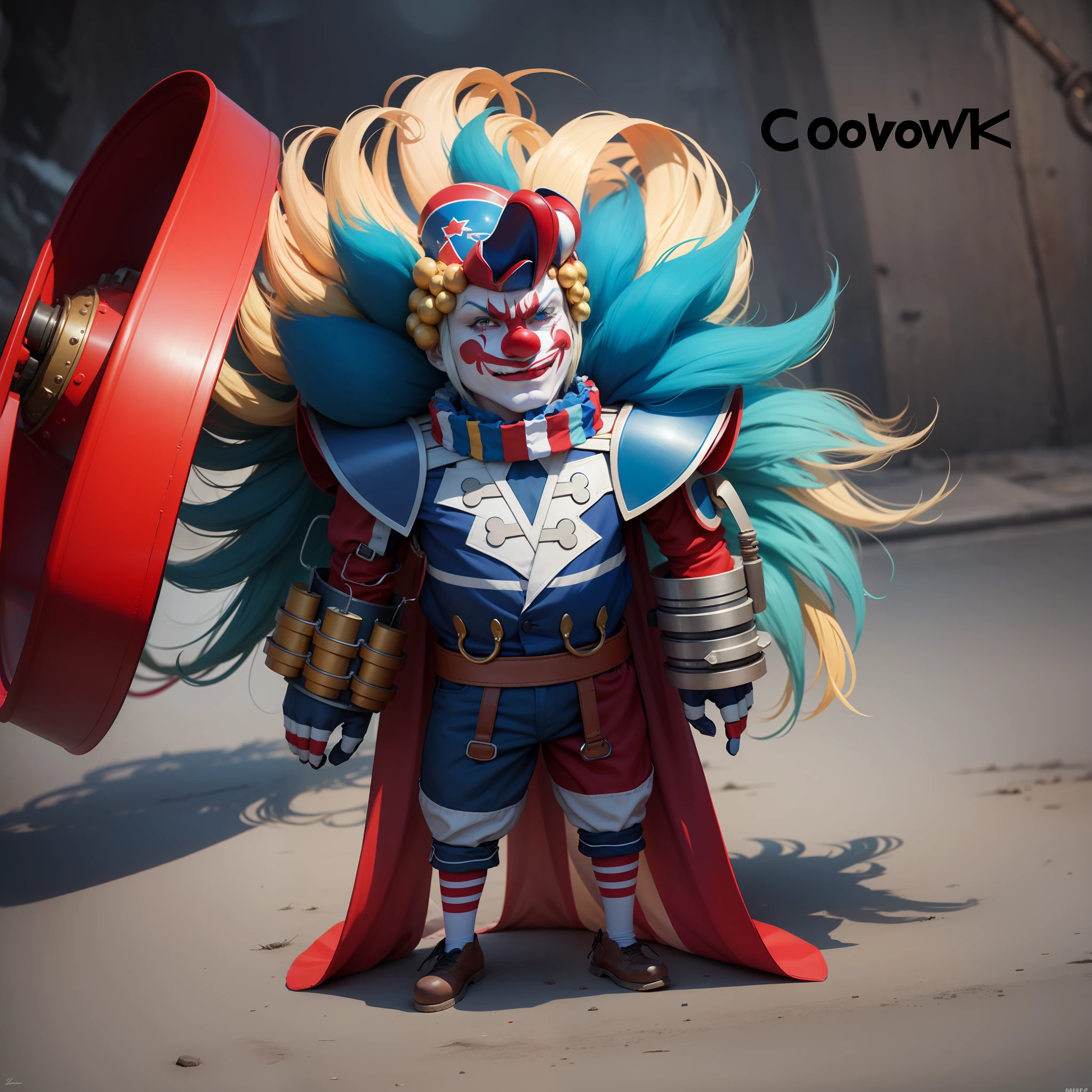 Clown, the color of the face should be exaggerated, the overall use of red and blue, the arm metal texture, hair blonde, shoulder armor metal texture, clown hat color rich, palm leather glove texture, the left arm of the image is a cannonball launcher, the arm joint is spherical, clothes use 3 colors, pants use 2 colors --auto --s2