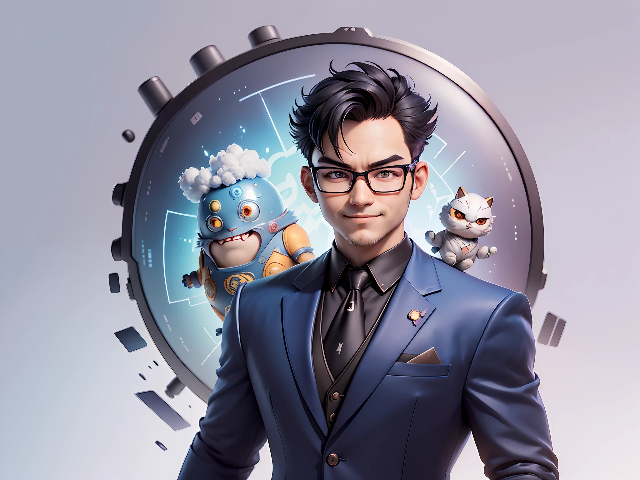 (((Masterpiece), (Excellent), (Super Meticulous), (Full Body: 1.2), Super Young Man, Oriental Face, Japanese Wind and Thunder God, Dragon, Tiger, TV Anchor, Bust Portrait Illustration, Alone, Black Formal Suit, Blue Tie, Slightly Chubby Face, Silver Glasses Face Very Clean No Beard, Black Super Short Hair, Black Eyes, Confident Smile, 3c Computer Sub-Products, iPad, iPhone, Digital Painting, 3D Character Design by Akira Toriyama and Mark Claireden and Pixar and Hayao Miyazaki, The illustration is a high-definition illustration in 4K resolution with very detailed facial features and cartoon-style visuals.