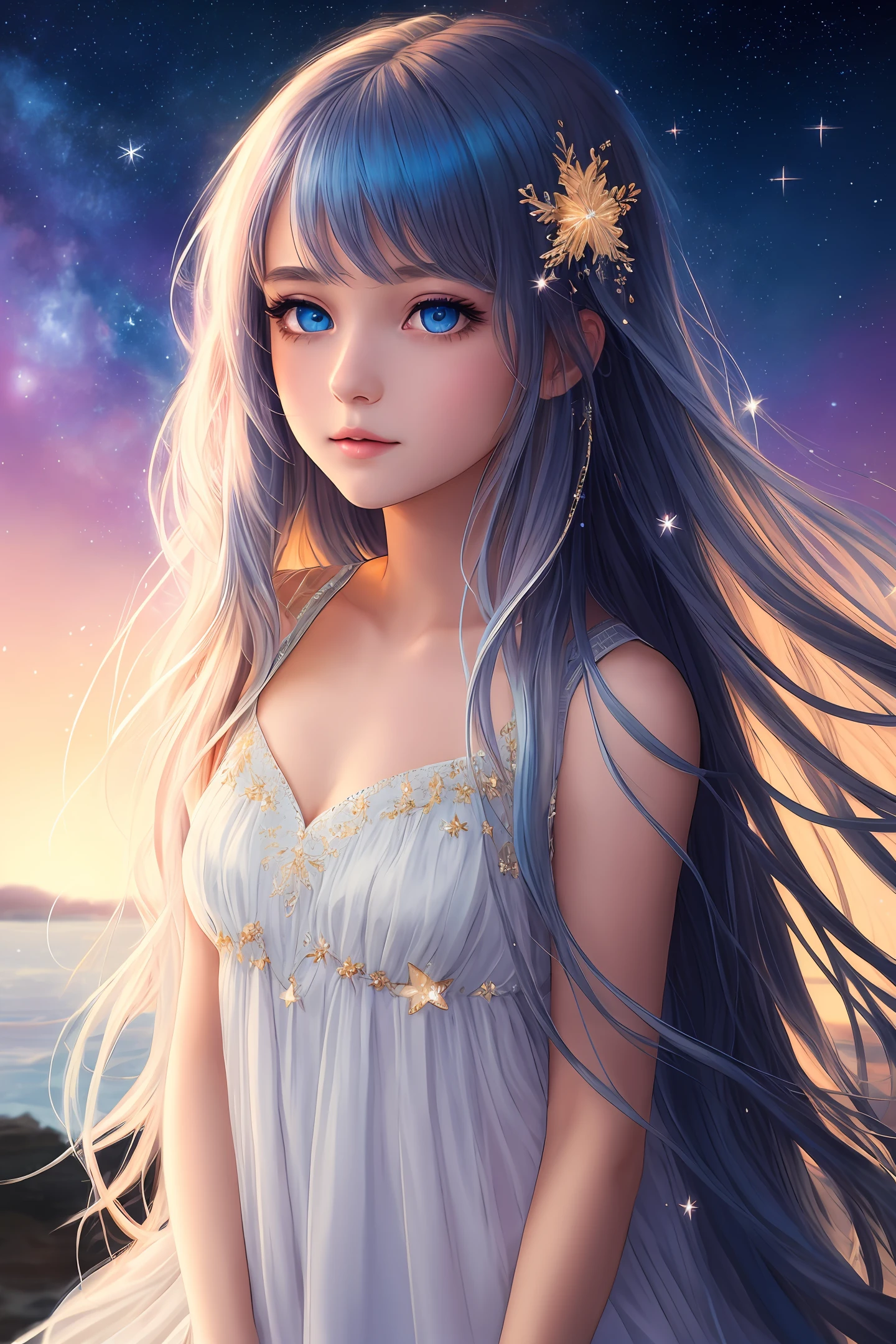 {{best quality}}, {{masterpiece}}, {{ultra-detailed}}, {illustration}, {detailed light}, {an extremely delicate and beautiful}, a girl, {beautiful detailed eyes}, stars in the eyes, messy floating hair, colored inner hair, Starry sky adorns hair, depth of field