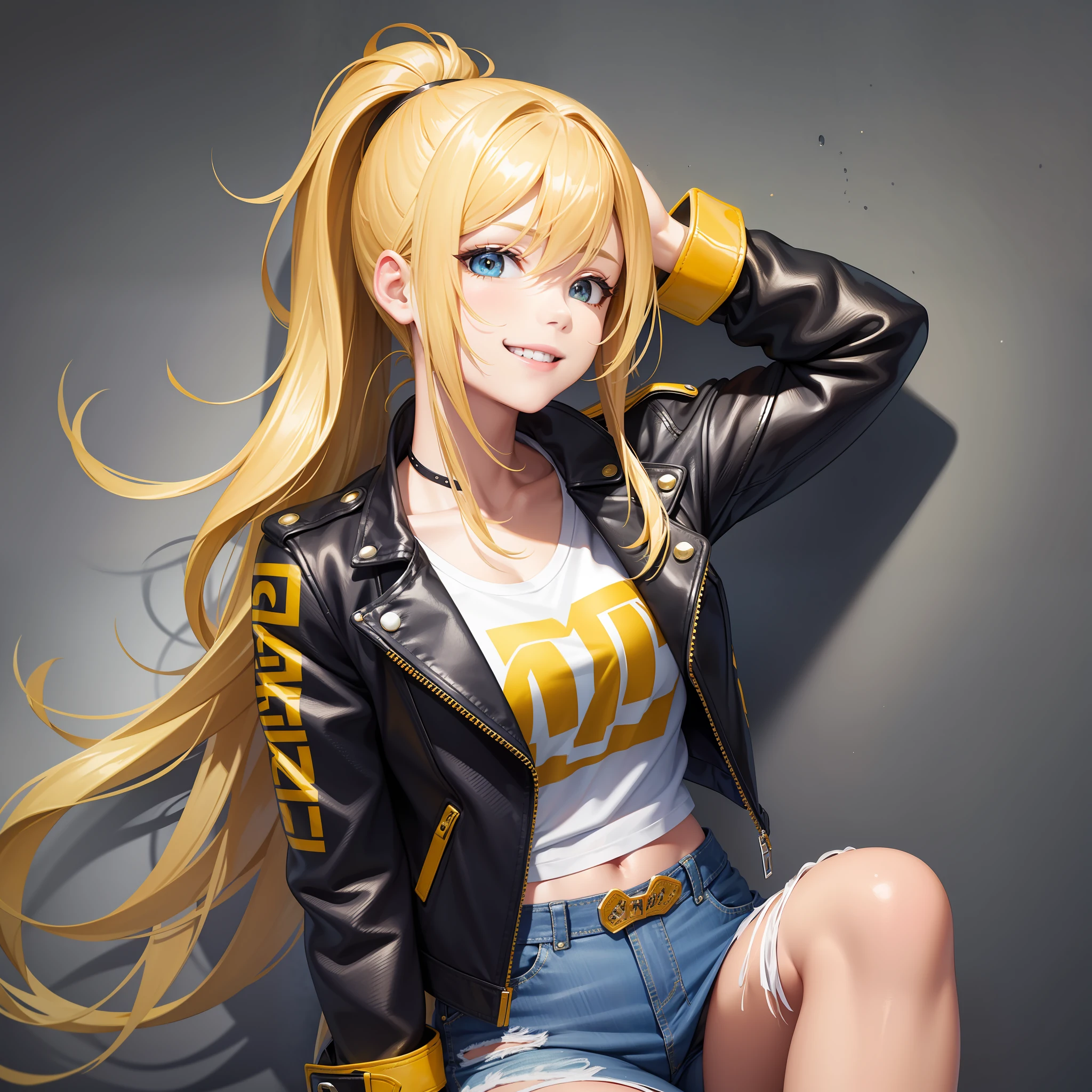 Yellow Leather Jacket Girl Long Hair Top Quality Smile Blonde Masterpiece Jeans Ponytail