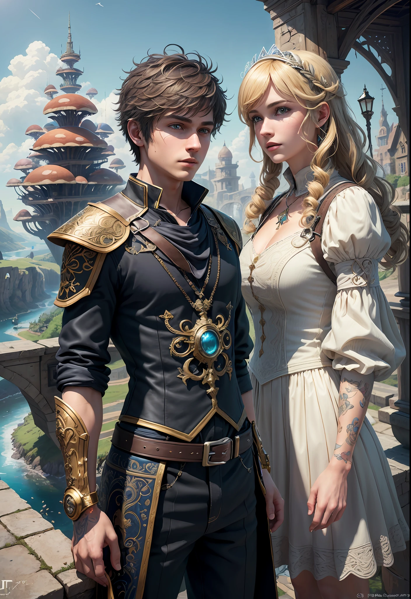 (((Multiplayer, Man and Woman))), Best Quality, Realistic, Realistic, Award-Winning Illustrations, (Intricate Details: 1.2), (Fine Details), (Intricate Details), (Cinematic Light, Best Quality Backlight), Clear Lines, Sharp Focus, Official Art, Unity 8k Wallpaper, Ridiculous, Incredibly Ridiculous, Fantasy Art, RTX, ((Award-winning Triangle Studio Close-up Photo)), 1 Boy, (Shut Up), Best Quality, 4K, beautiful mysterious creatures, blond male, flying, surrealism, masterpiece of NCWINTERS, masterpiece in mysterious country town, masterpiece, intricate details, ff14style, urban painting, bridge, river, giant mushroom, landscape, bright colors,