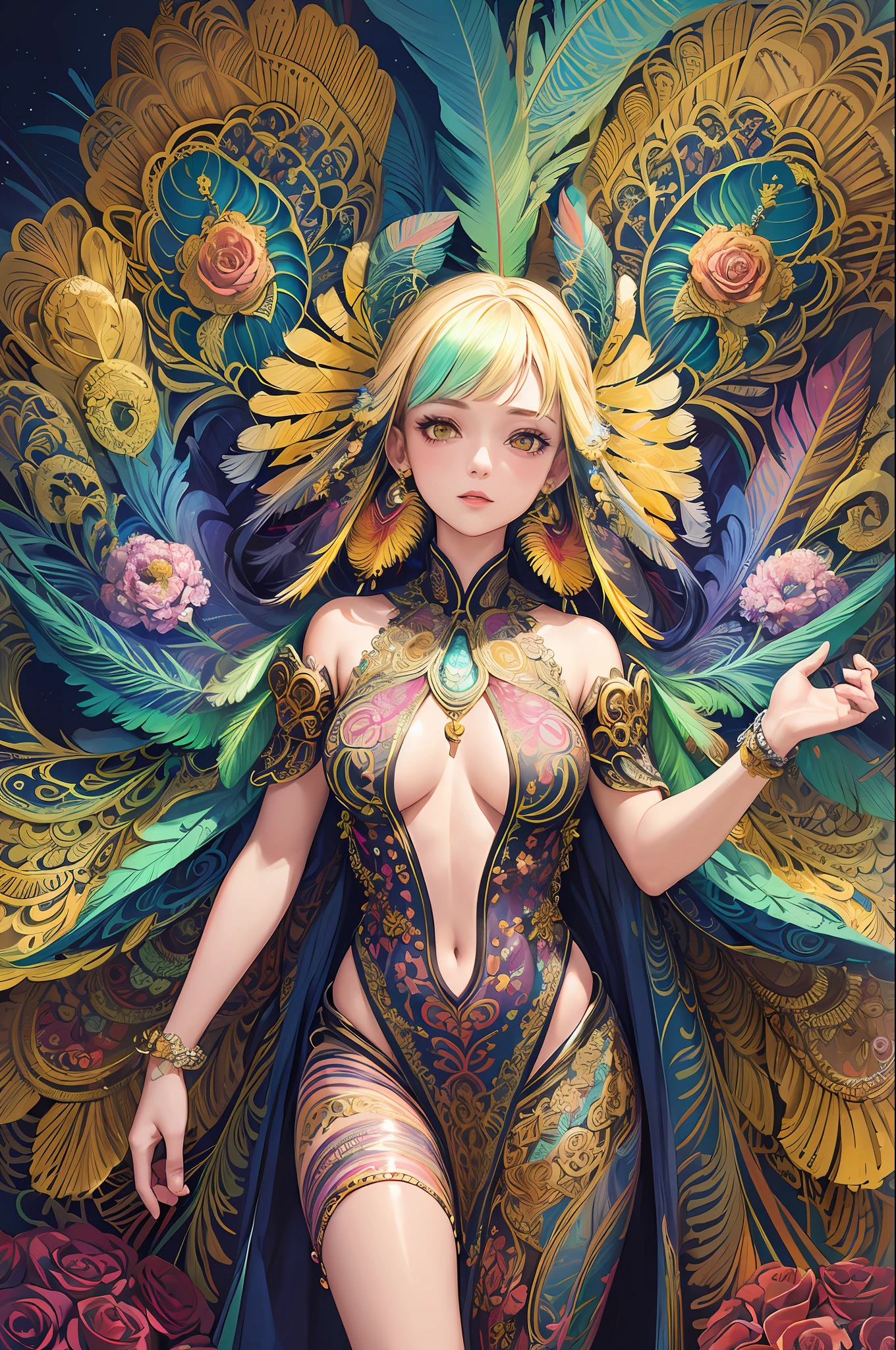 (masterpiece, top quality, best quality, official art, beautiful and aesthetic:1.2), (1girl:1.3), extremely detailed,(fractal art:1.1),(colorful:1.1)(flowers:1.3),highest detailed,(zentangle:1.2), (dynamic pose), (abstract background:1.3), (shiny skin), (many colors:1.4), ,(earrings:1.4), (feathers:1.4)