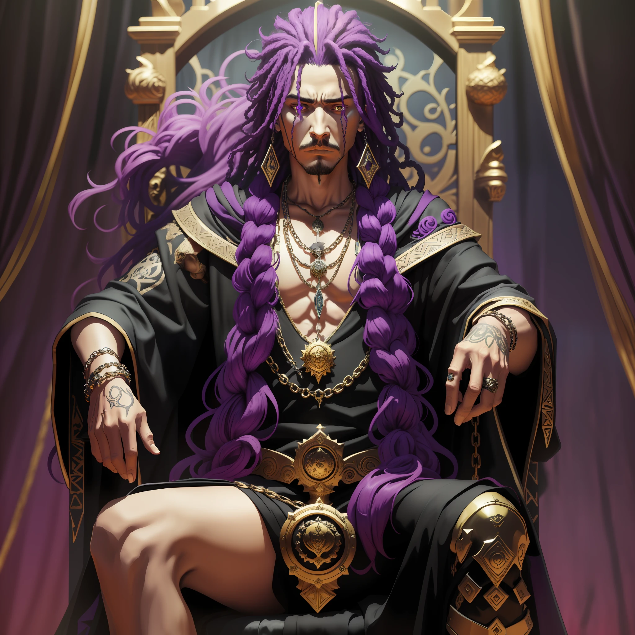 A man sitting on a throne of spades, with big eyes and purple dreads hair, wearing black clothing with gold necklaces and bracelets. The setting is inspired by Game of Thrones.