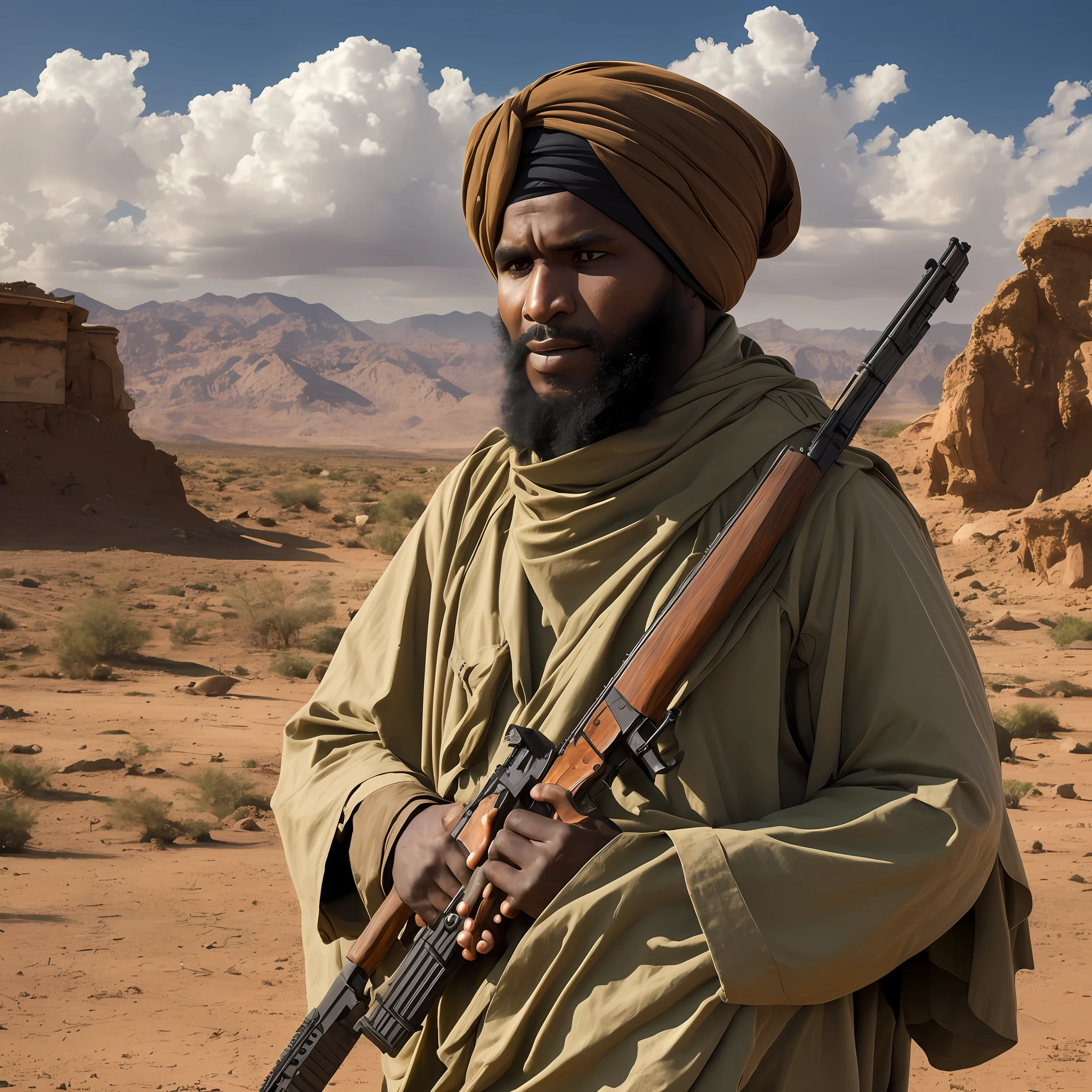 The image shows an armed insurgent wearing a brown uniform typical of the terrorists Al Shabab, an Islamic extremist group from Somalia. He is wearing a turban on his head and carries an AK-47 assault rifle in his right hand. Her face is covered with a black scarf, leaving only her eyes to show. He is in a desert, arid area, watching his surroundings with a serious and determined expression. In the background, it is possible to see some modest houses and small mountains. The image is tense and conveys the sense of danger and threat. --auto --s2