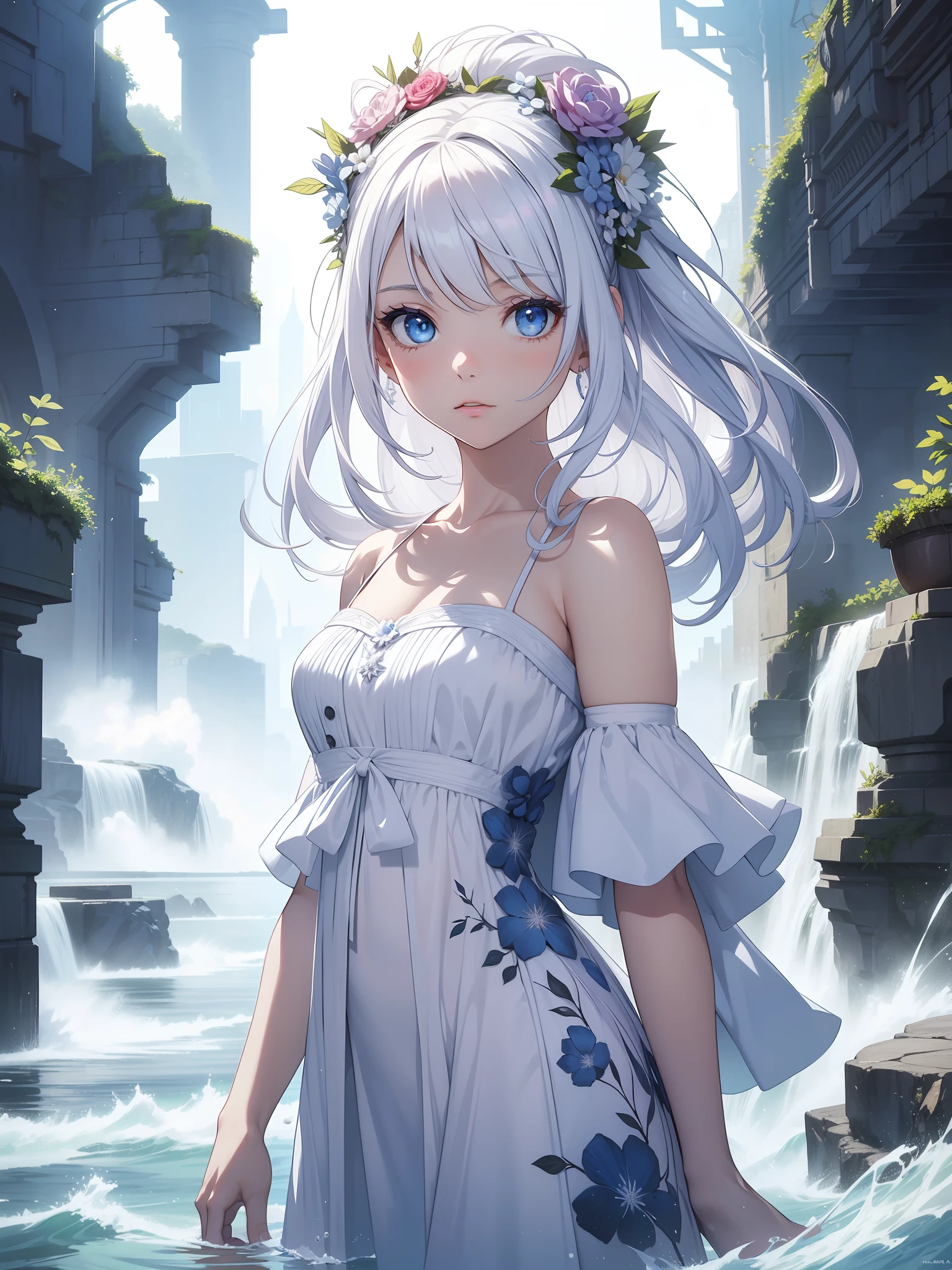 official art,beautiful and aesthetic:1.2)break,(solo, girl:1.2),fashion model, floral hair ornament, 18 years old, beautiful girl, white hair, blue eyes, fantasy, break, white sundress, bare shoulders,break, fantasy world, city of water, break, unparalleled beauty, break,