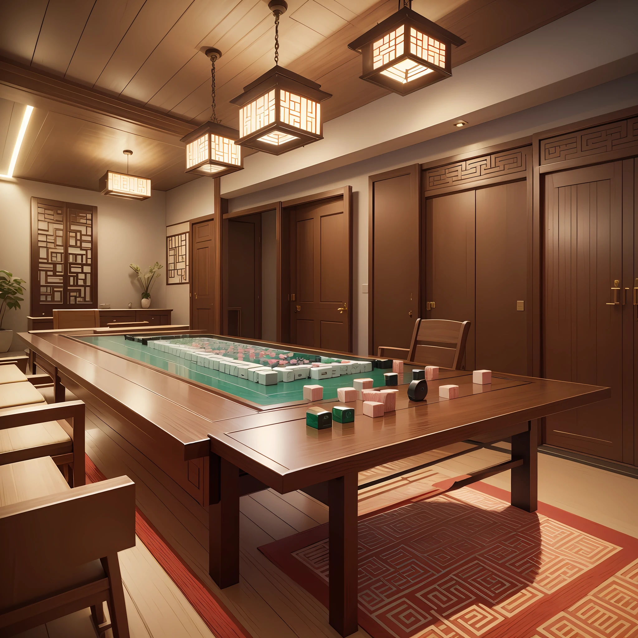 The room, about 35 square meters, contains the bathroom, simple Chinese decoration style, can only play mahjong room, there is a leisure area, decoration renderings --auto --s2