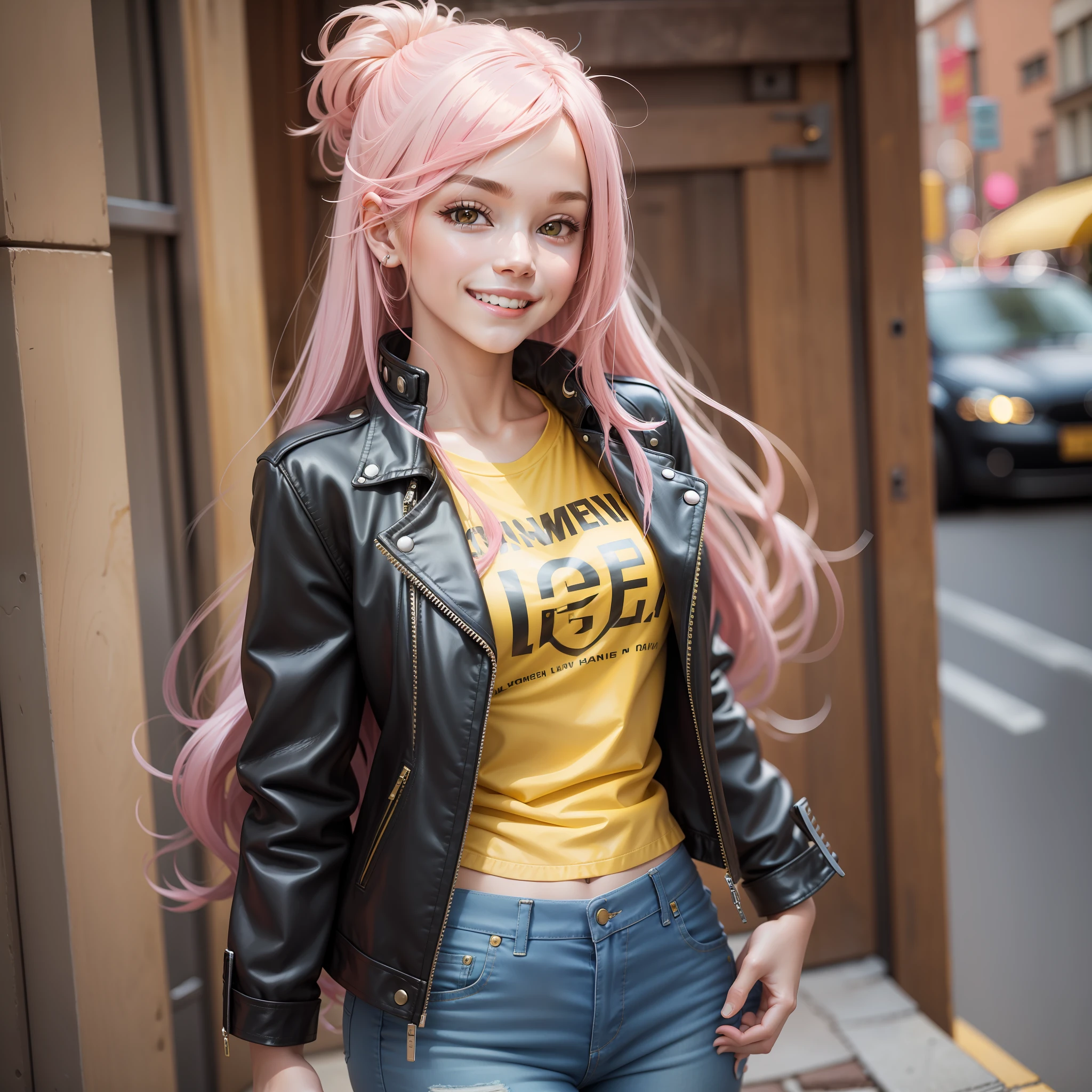 Yellow Leather Jacket Girl Long Hair Top Quality Smile Pink Hair Masterpiece Jeans