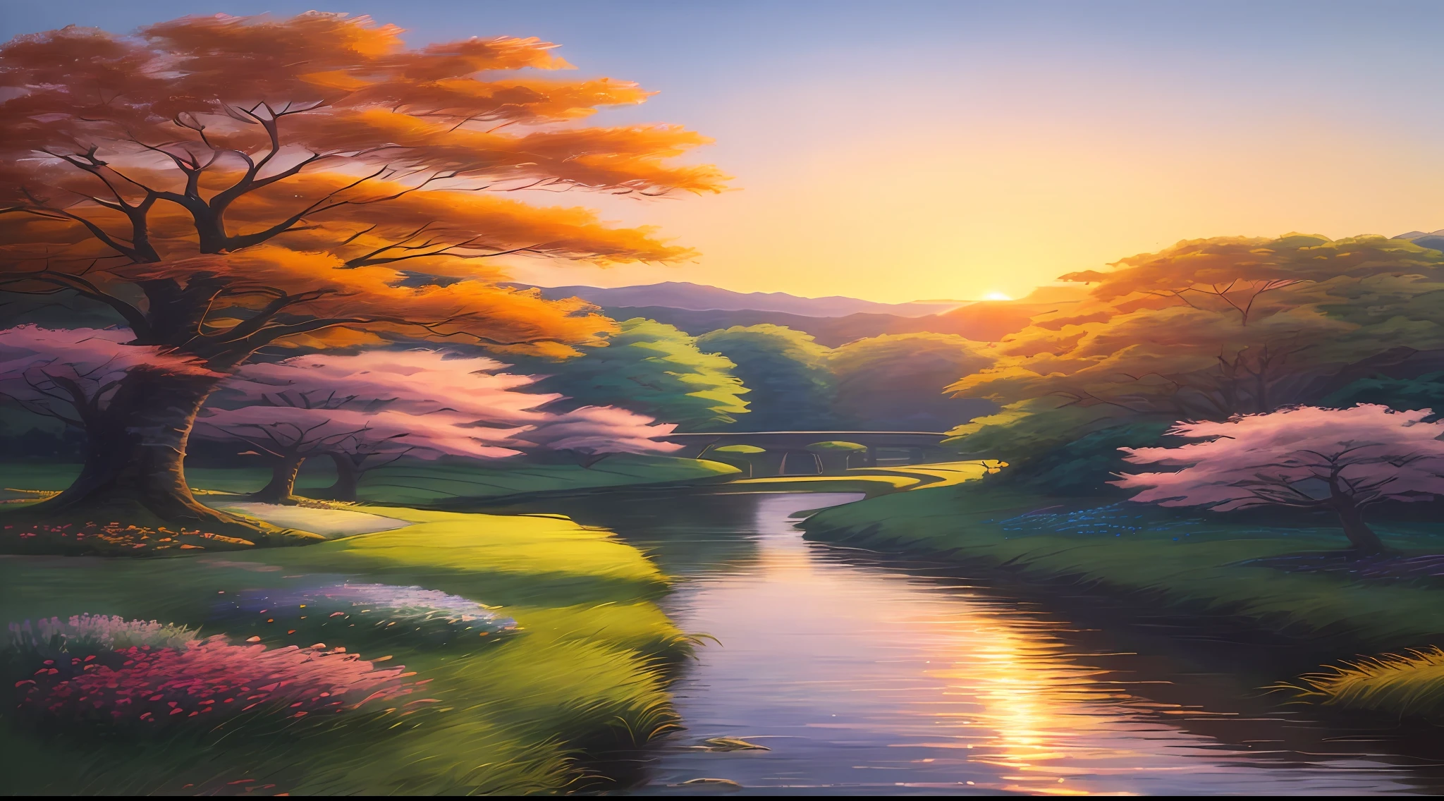 The sunset illuminates the beautiful river scenery, just like Studio Ghibli animation. The riverside with lush flowers and grasslands becomes an intoxicating picture. It is a realistic real oil painting, just like the landscape depicted by Hayao Miyazaki, full of amazing beauty. --v6