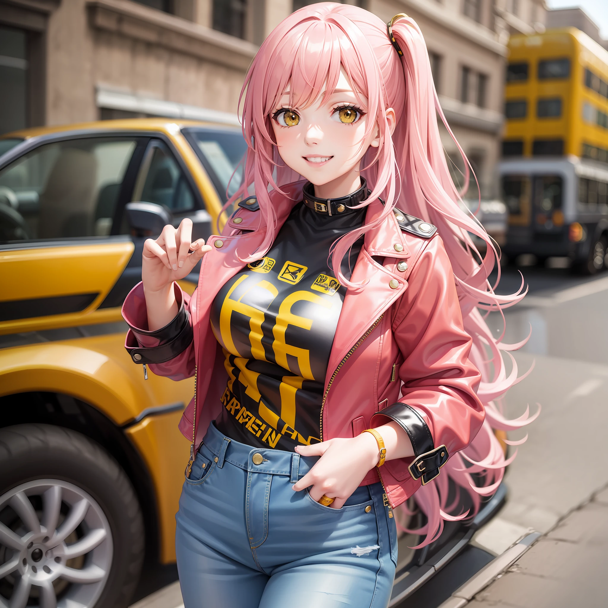 Yellow Leather Jacket Girl Long Hair Top Quality Smile Pink Hair Masterpiece Jeans
