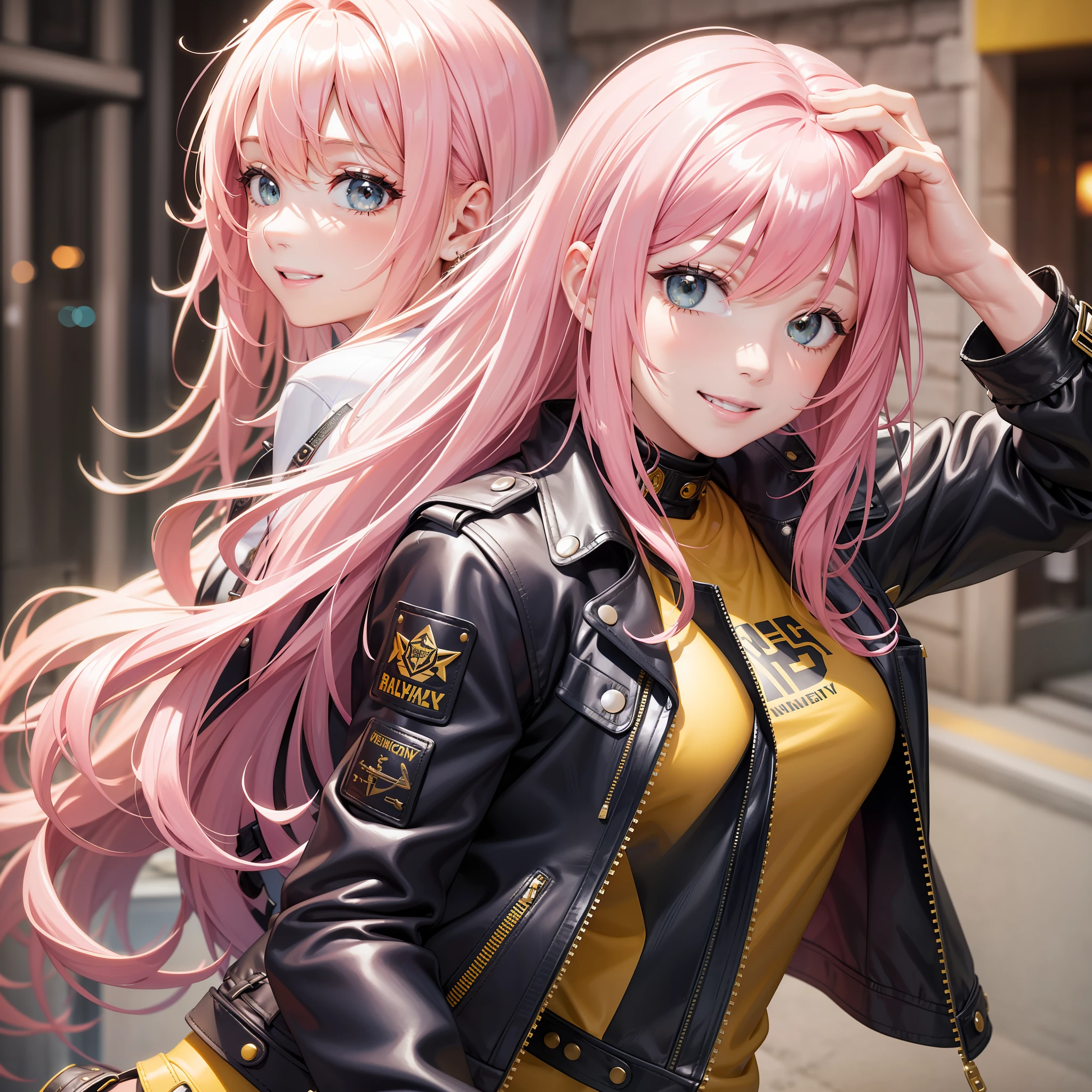 Yellow Leather Jacket Girl Long Hair Top Quality Smile Pink Hair Masterpiece Jeans