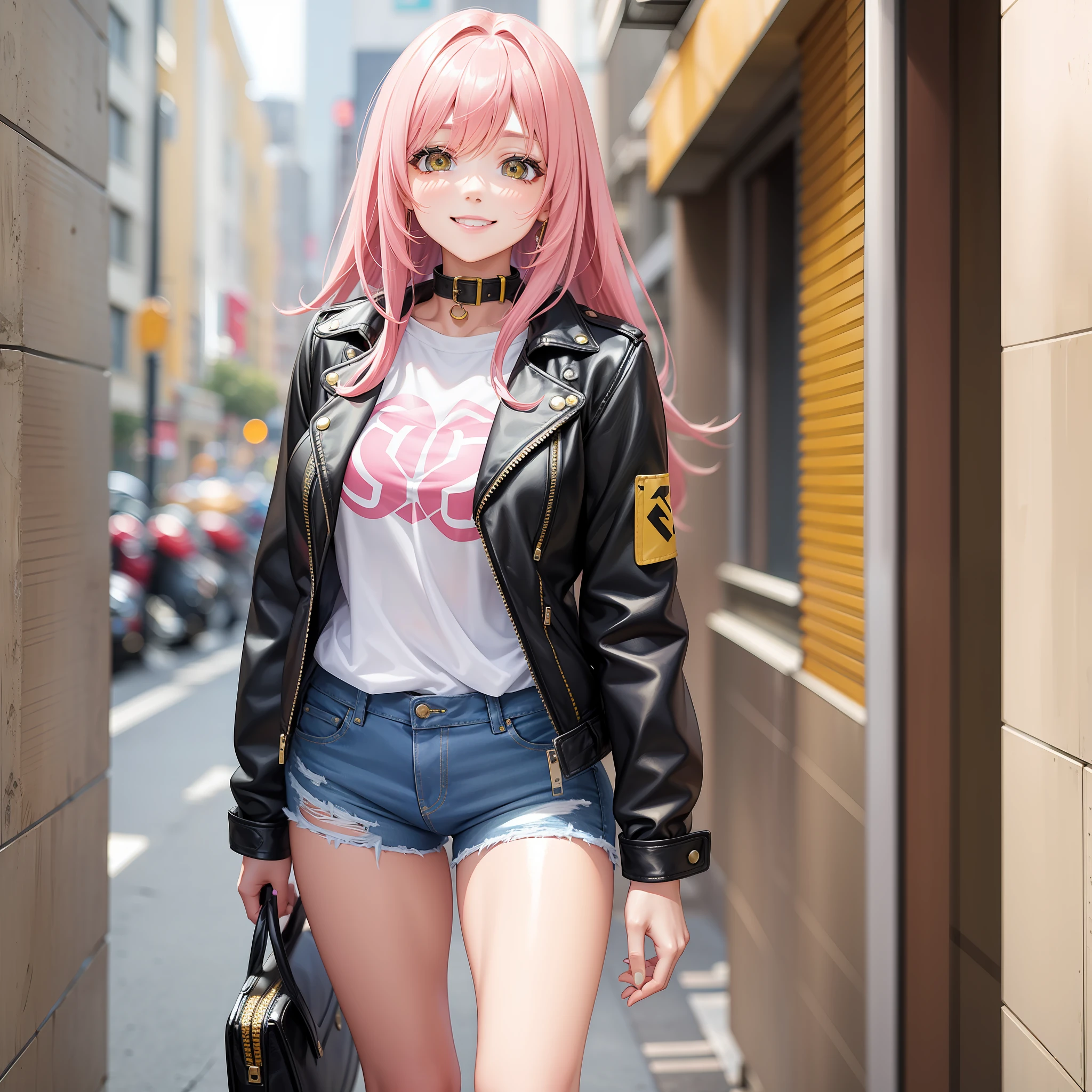 Yellow Leather Jacket Girl Long Hair Top Quality Smile Pink Hair Masterpiece Jeans