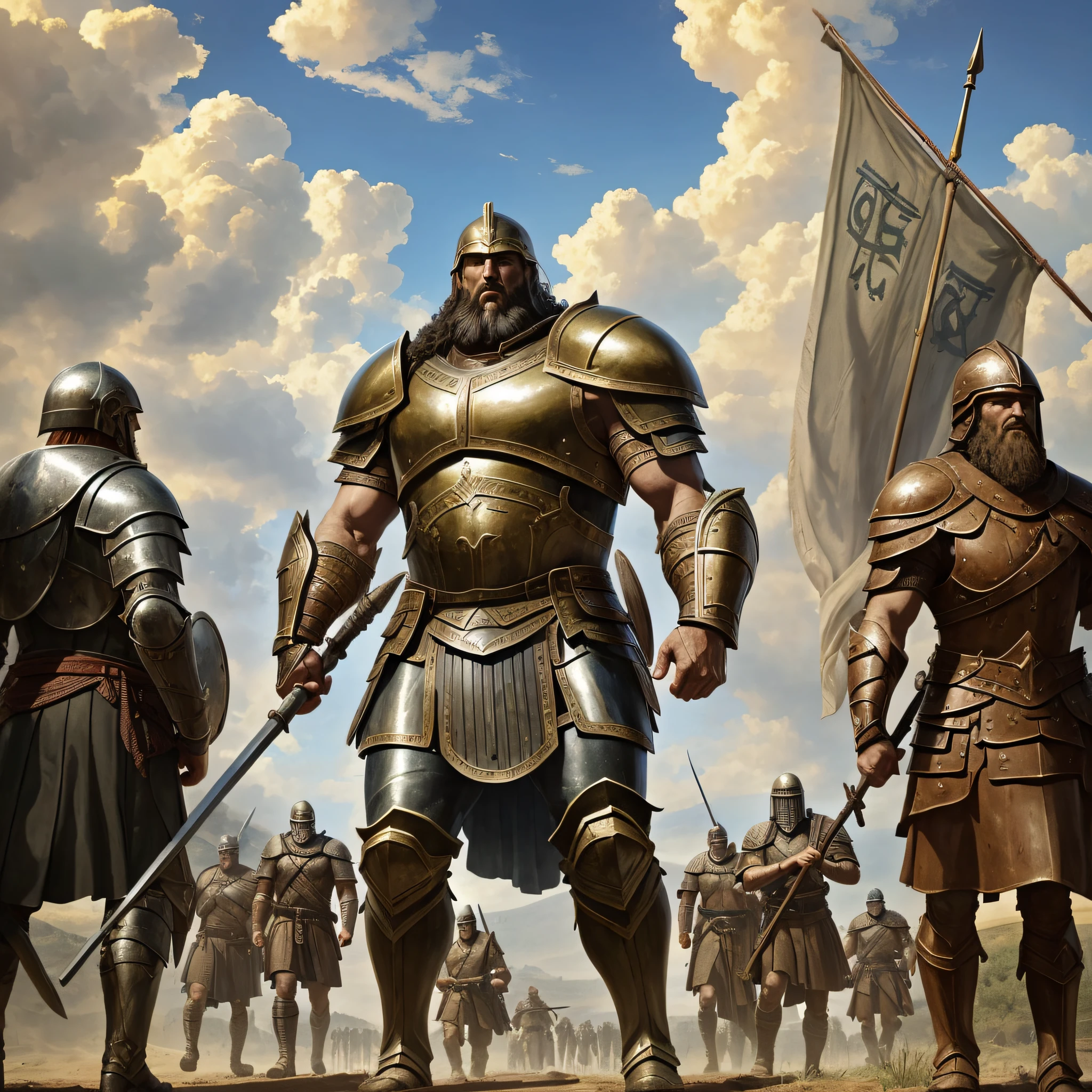 Goliath, the Philistine giant, standing in an open field.
Goliath wearing full armor of bronze scales, including a helmet, greaves, and a battle shield.
Goliath with a giant spear, with the tip heavy, holding it in his hands outstretched above his head.
An imposing view of Goliath, highlighting its impressive height of almost three meters.
Goliath's squire positioned in front of him, holding the huge battle shield the size of a grown man.
A scene showing the comparison of Goliath's size with the people around him, emphasizing his immense stature.
Goliath defying Israel's army, raising his voice and proclaiming one-on-one combat.
The reaction of the Israelite soldiers, looking with fear and uncertainty at Goliath.
Goliath positioned in front of the Philistine camp, with the tents in the background.
An overview of the Philistine camp, showing the grandeur of Goliath among the other warriors. --auto --s2