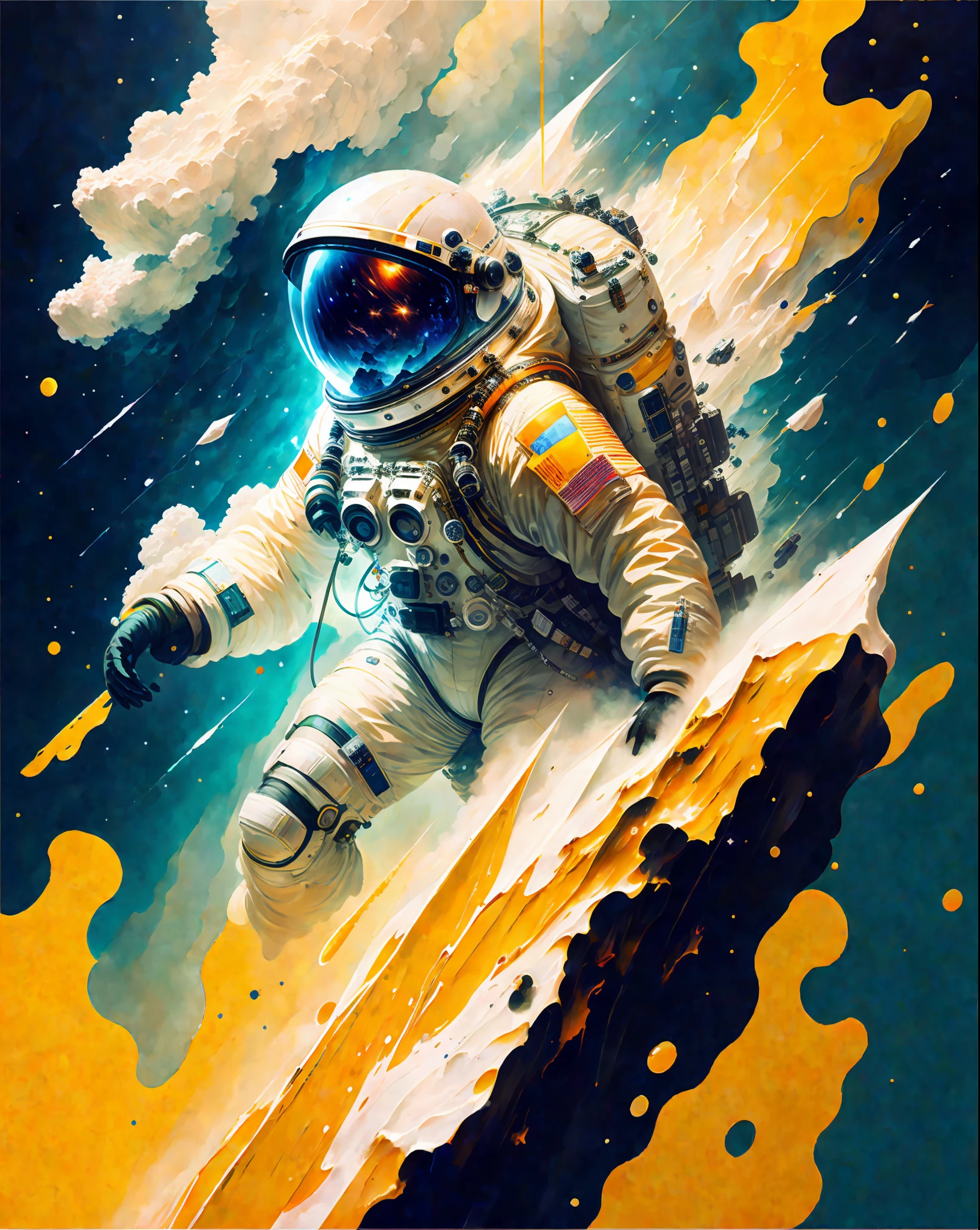 Astronaut, Climbing Asteroid, Character Rendering, Super High Quality Model, Ethereal Background, Abstract Beauty, Explosive Volume, Oil Painting, Heavy Stroke, Paint Drip, Chongqing High Sky, Cyberpunk