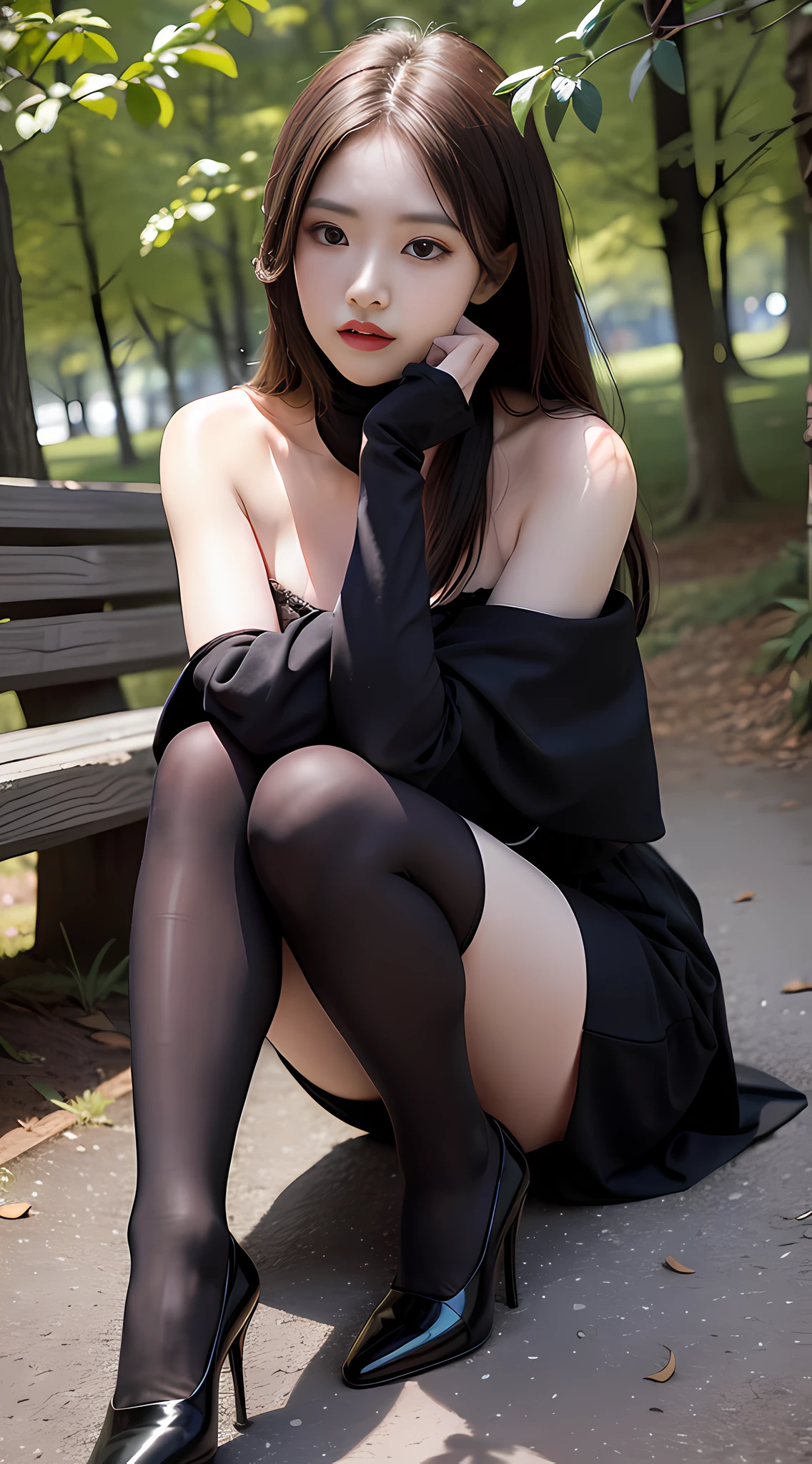 Best Quality, Masterpiece, Ultra High Resolution, (Realism: 1.4), Original Photo, 1girl, Offshoulder, In the Dark, Deep Shadow, Low Key, Cold Light, In the Park, Black Stockings, High Heels, Professional Wear