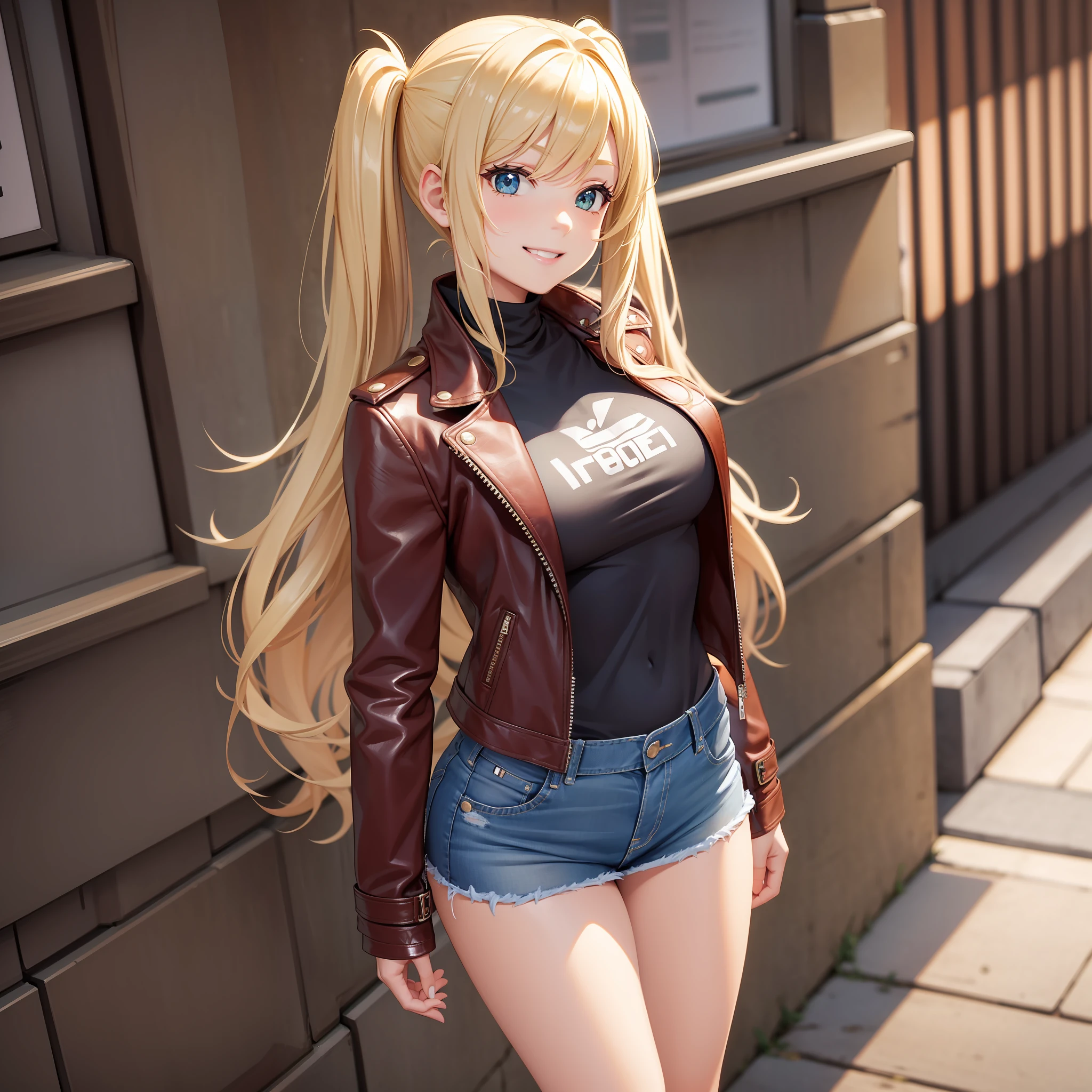 Leather jacket Girl Long Hair Top Quality Smile Blonde Masterpiece Jeans Twin Tails