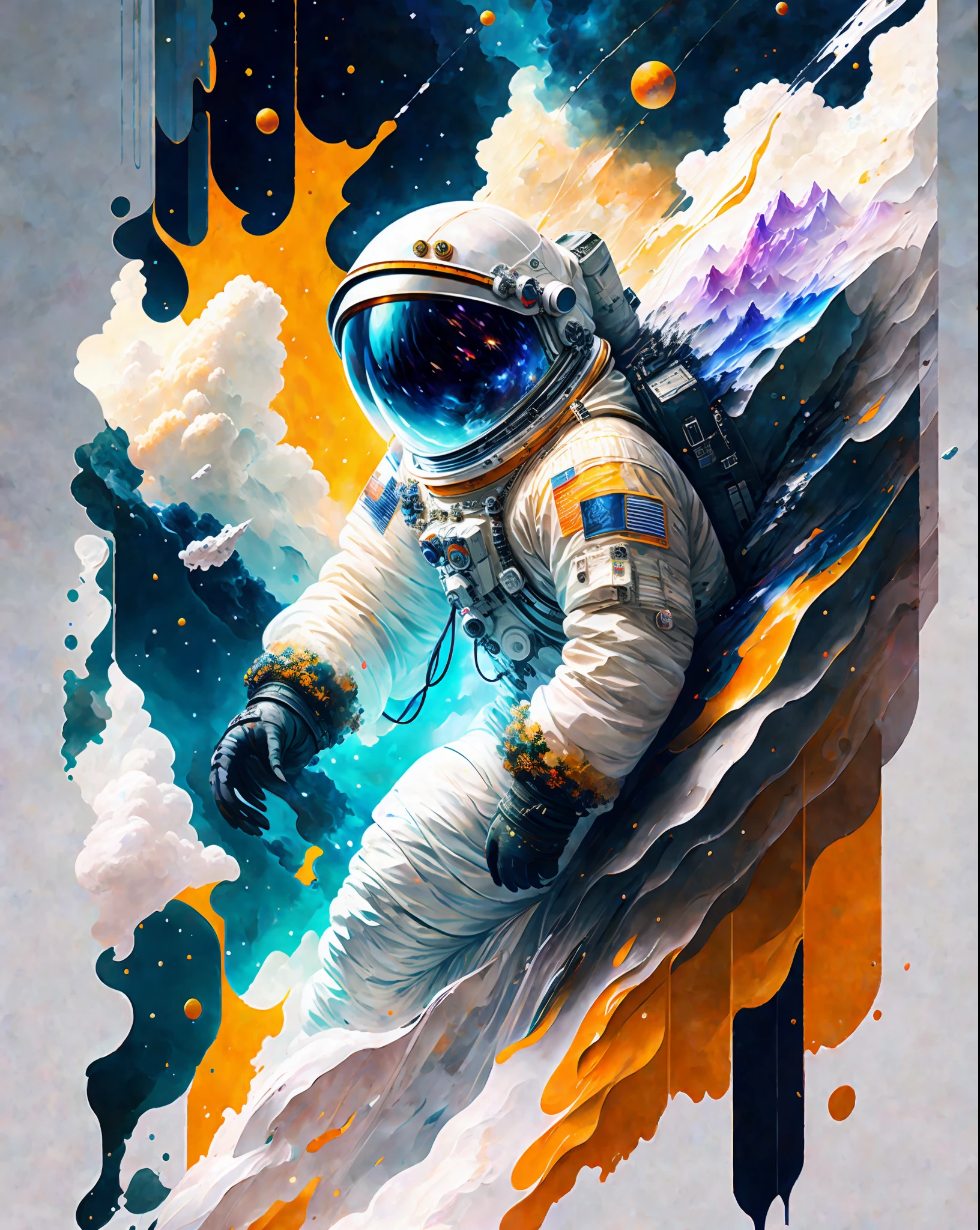 Astronaut, Climbing Asteroid, Character Rendering, Super High Quality Model, Ethereal Background, Abstract Beauty, Explosive Volume, Oil Painting, Heavy Stroke, Paint Drip, Chongqing High Sky, Cyberpunk