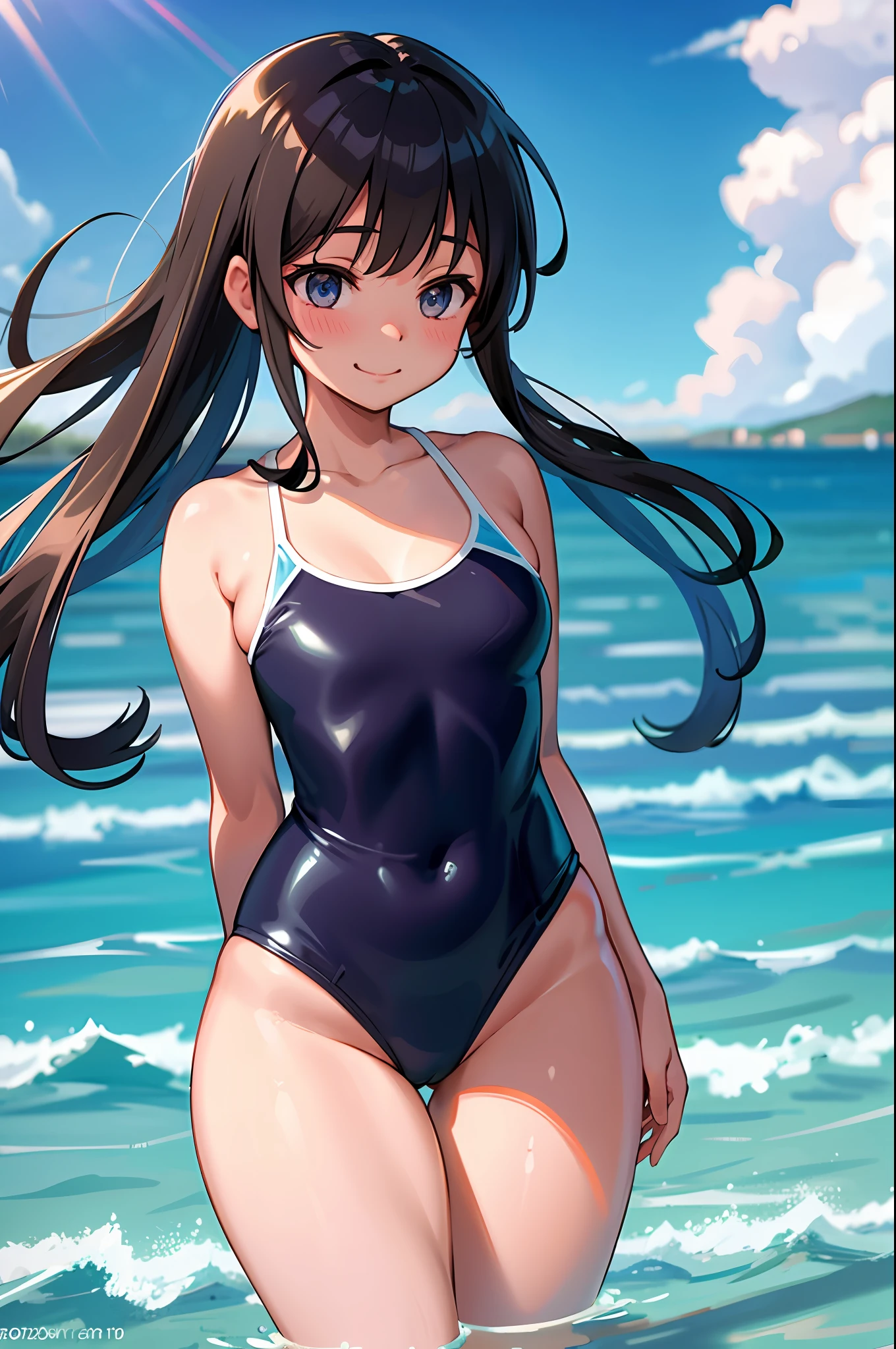 master-piece,hyper quality, hyper detailed,perfect drawing,solo, brilliant, beautiful, majestic, elegant, glittering, flower bird wind moon, fantastic, quaint, beautiful girl in one swimsuit, back figure, round and cute ass, punipuni, meaty ass, ass sticking out pose, B99W66H110, height 140cm, chubby, Voluptuous, blush, sweat, tanned skin, cheeky smile, swimming club, competitive swimsuit, one-piece type swimsuit, sober swimsuit, , legs shoulder-width apart (30cm), slightly open crotch, water dripping from the crotch, embarrassed expression, blush, moist eyes, blue sky, cumulonimbus clouds, brilliant sun, sparkling water surface, school swimsuit, competitive swimming pool, taken from the back diagonally below, bust up, thin fabric swimsuit, frontal light, forward light, sunlight, summer sky, clearface,master-piece,hyper quality, hyper detailed,perfect drawing,CG,3D,8k,illustration,beautiful face girl,hiten_1,