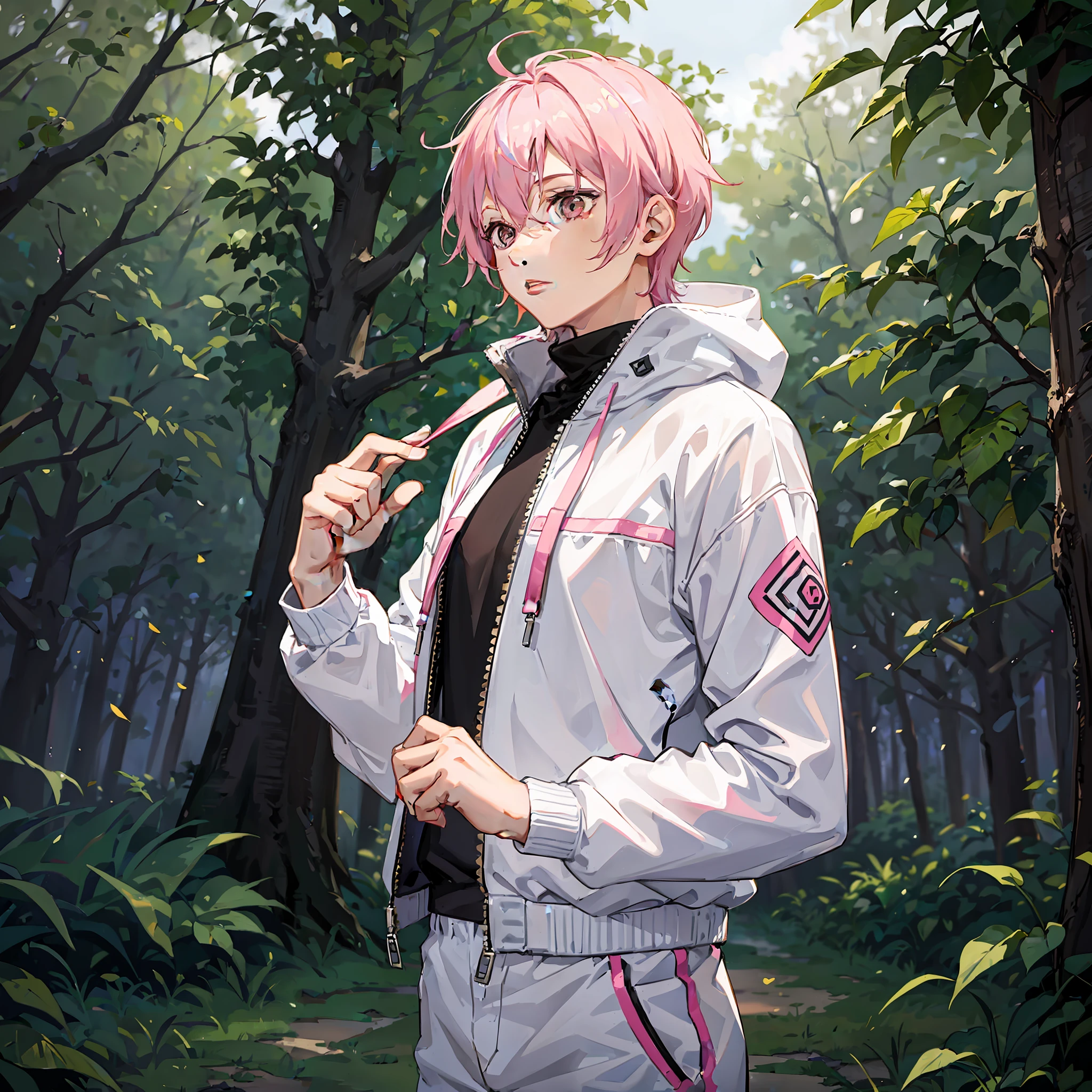 Boy with pink hair, white tracksuit, in the forest