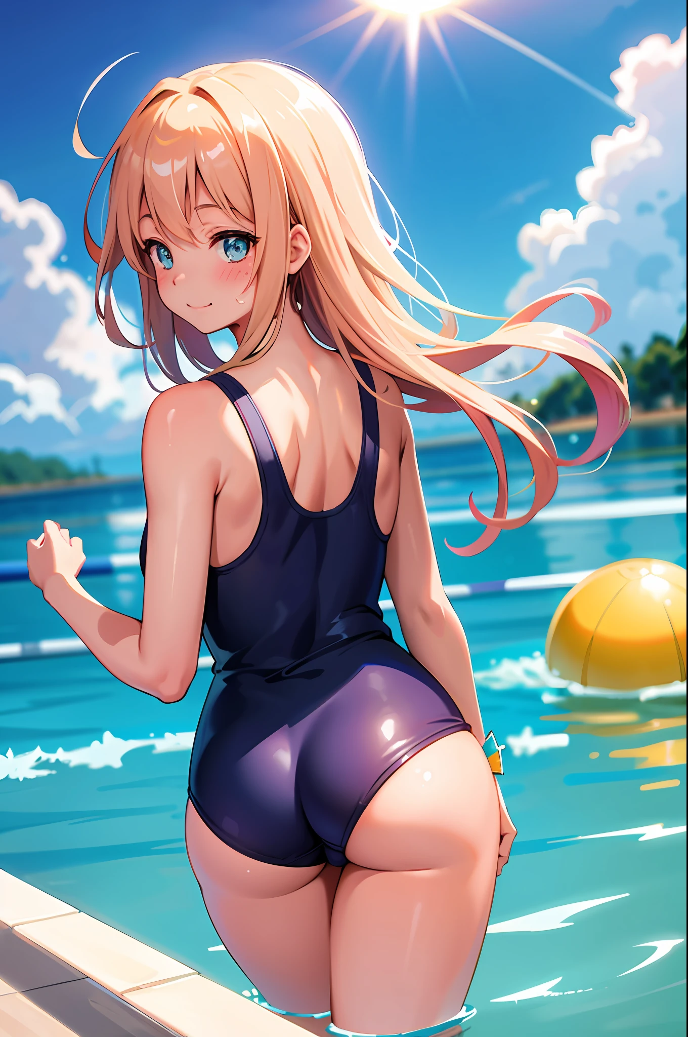 master-piece,hyper quality, hyper detailed,perfect drawing,solo, brilliant, beautiful, majestic, elegant, glittering, flower bird wind moon, fantastic, quaint, beautiful girl in one swimsuit, back figure, round and cute ass, punipuni, meaty ass, ass sticking out pose, B99W66H110, height 140cm, chubby, Voluptuous, blush, sweat, tanned skin, cheeky smile, swimming club, competitive swimsuit, one-piece type swimsuit, sober swimsuit, , legs shoulder-width apart (30cm), slightly open crotch, water dripping from the crotch, embarrassed expression, blush, moist eyes, blue sky, cumulonimbus clouds, brilliant sun, sparkling water surface, school swimsuit, competitive swimming pool, taken from the back diagonally below, bust up, thin fabric swimsuit, frontal light, forward light, sunlight, summer sky, clearface,master-piece,hyper quality, hyper detailed,perfect drawing,CG,3D,8k,illustration,beautiful face girl,hiten_1,