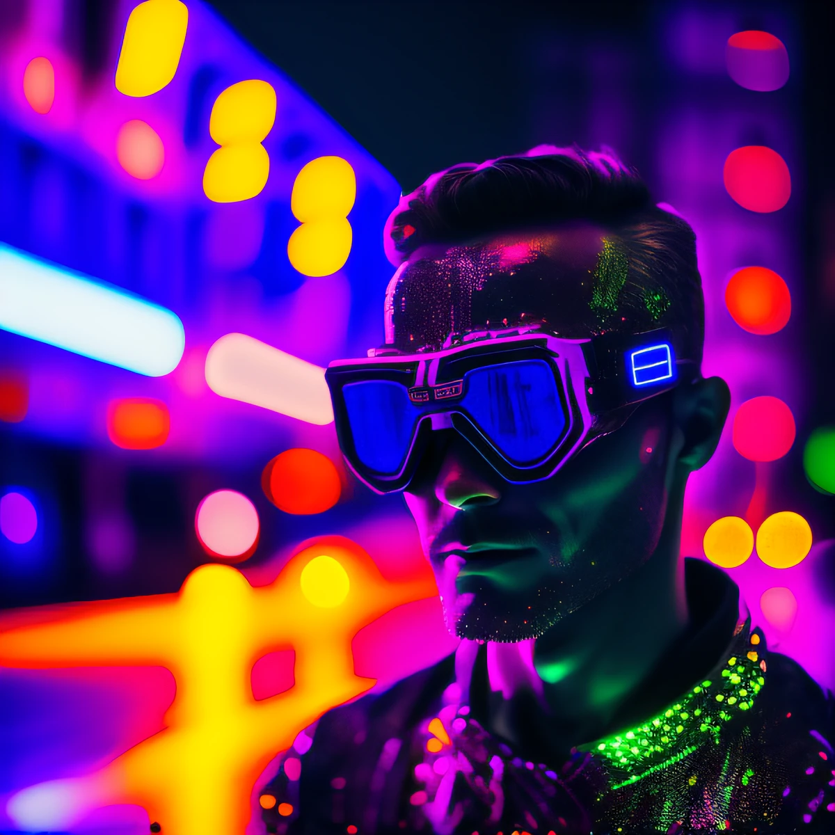 An award winning master piece photo of a cyborg man with psychedelic colors standing in a city street at night in the rain, wearing neon-colored glowing goggles, 8k, (high quality:1.1), (cinematic feeling:1.1), dark deep shadows, incredibly intricate detailing, art , (up close:1.1), from above, looking at viewer, (light sparkles:1.1), (chromatic aberration,:1.2) background with floating light artifacts