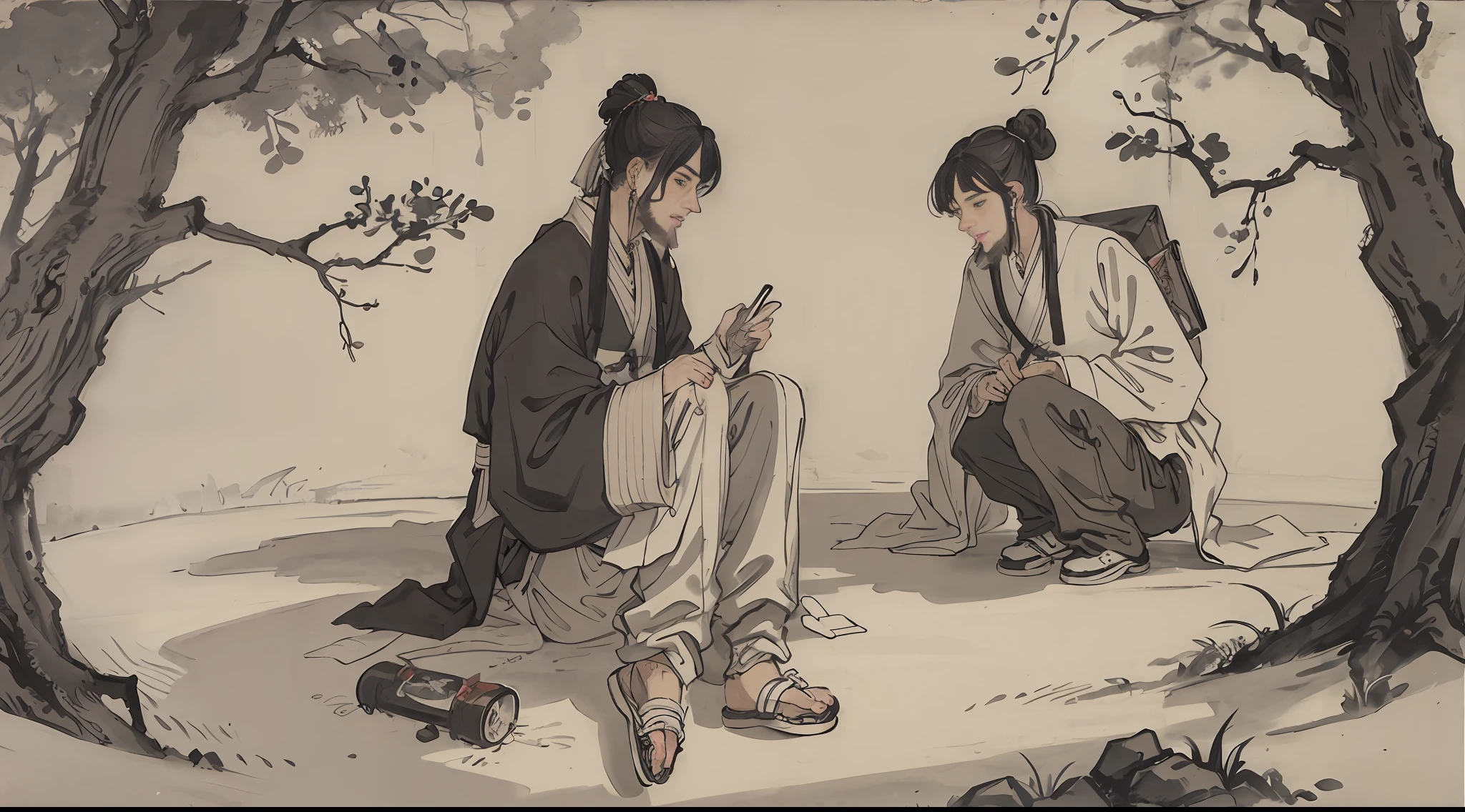 (Masterpiece, best quality: 1.2), traditional Chinese ink painting, distance, road, trees on both sides, (two men: 1.2), talking,