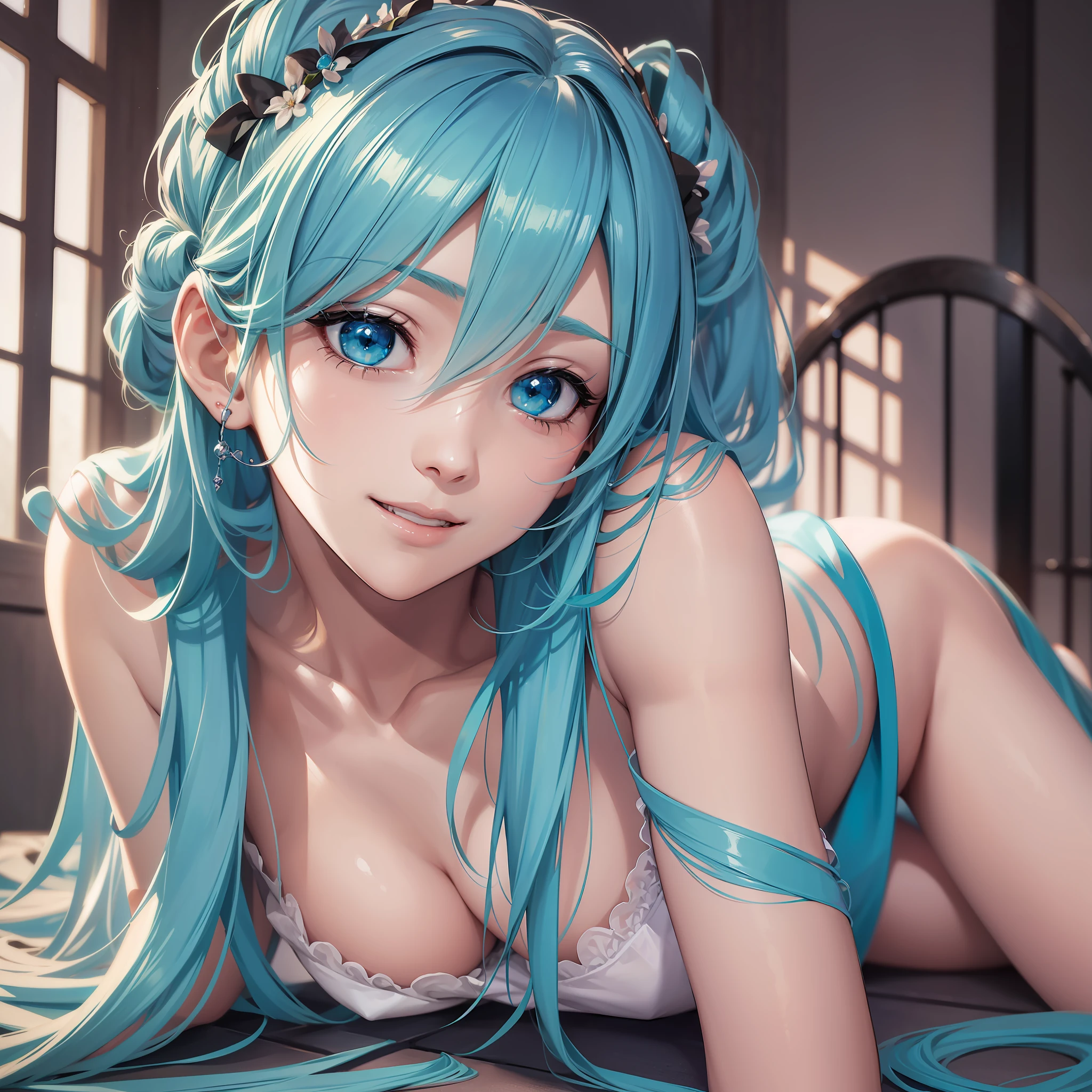 Photorealistic and beautiful attractive anime woman, super detailed, smiling, lying down, beautiful blue eyes, beautiful style, Hatsune Miku, slender, gentle expression, slender, (seductive anime girl), indoor, full body, fine skin, restrained skin, seductive pose, wide open gown,