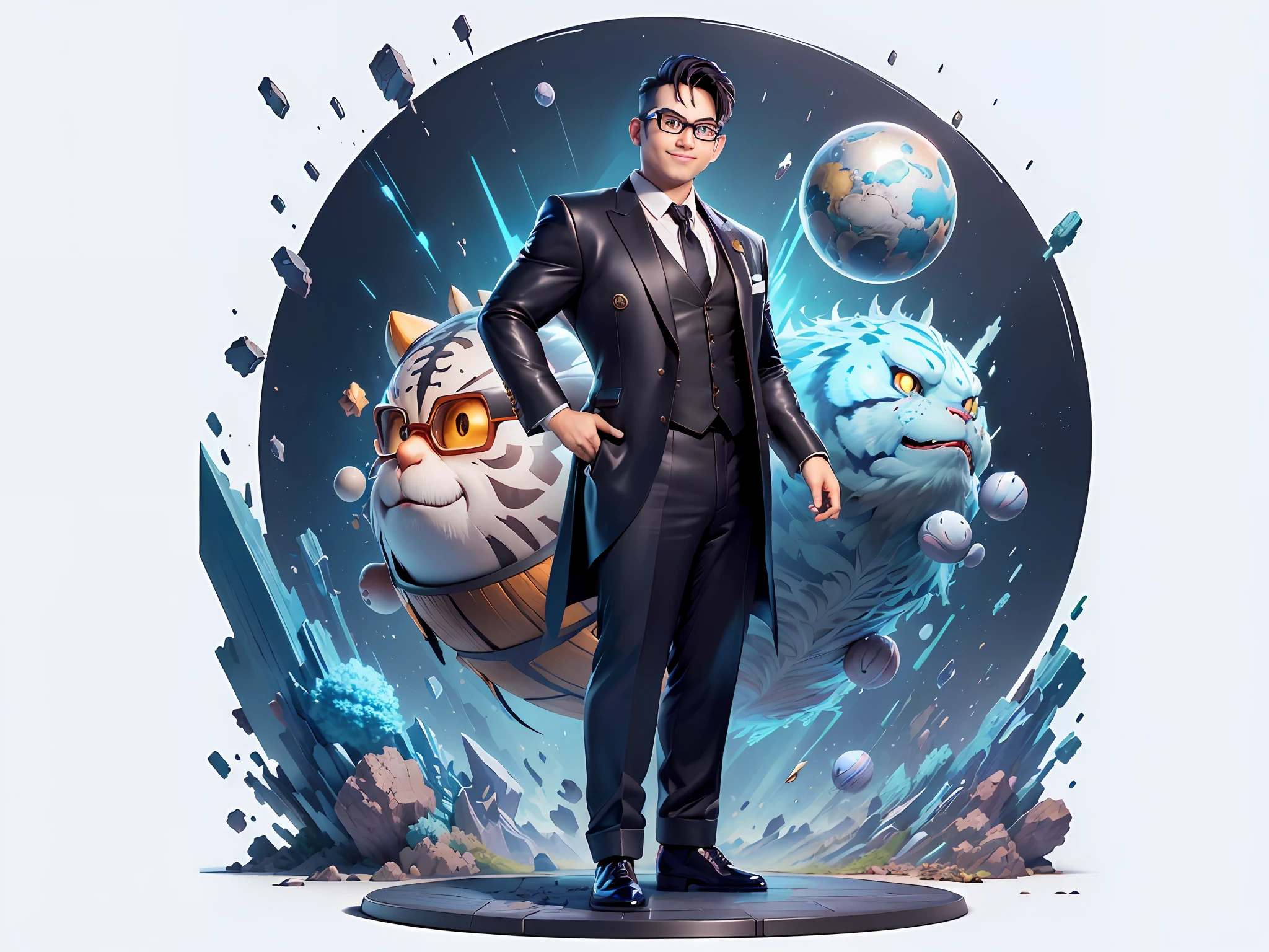 (((Masterpiece), (Excellent), (Super Meticulous), (Full Body: 1.2), Super Young Man, Oriental Face, Japanese Wind and Thunder God, Dragon, Tiger, TV Anchor, Bust Portrait Illustration, Alone, Black Formal Suit, Blue Tie, Slightly Chubby Face, Silver Glasses Face Very Clean No Beard, Black Super Short Hair, Black Eyes, Confident Smile, 3c Computer Sub-Products, iPad, iPhone, Digital Painting, 3D Character Design by Akira Toriyama and Mark Claireden and Pixar and Hayao Miyazaki, The illustration is a high-definition illustration in 4K resolution with very detailed facial features and cartoon-style visuals.