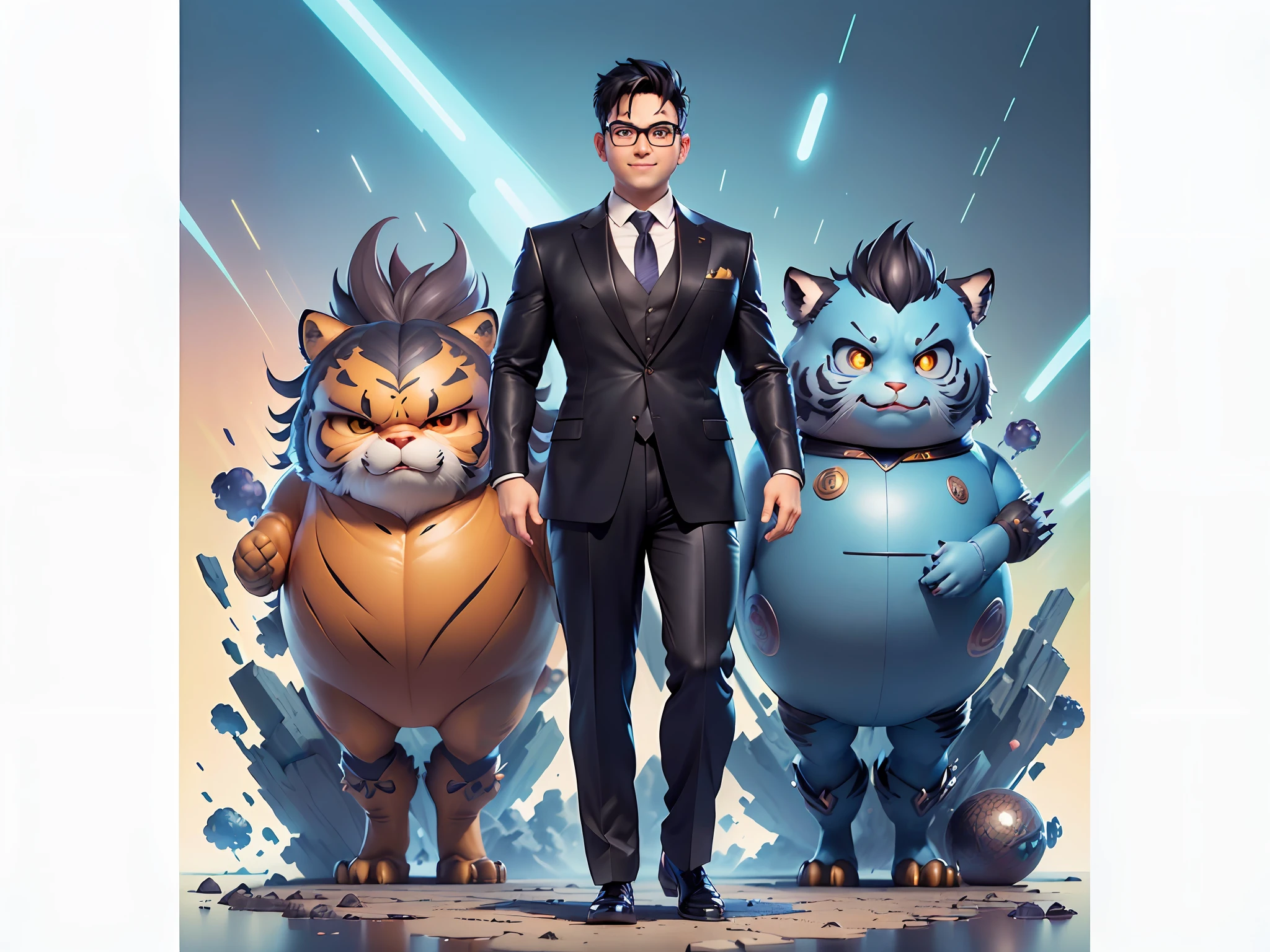 (((Masterpiece), (Excellent), (Super Meticulous), (Full Body: 1.2), Super Young Man, Oriental Face, Japanese Wind and Thunder God, Dragon, Tiger, TV Anchor, Bust Portrait Illustration, Alone, Black Formal Suit, Blue Tie, Slightly Chubby Face, Silver Glasses Face Very Clean No Beard, Black Super Short Hair, Black Eyes, Confident Smile, 3c Computer Sub-Products, iPad, iPhone, Digital Painting, 3D Character Design by Akira Toriyama and Mark Claireden and Pixar and Hayao Miyazaki, The illustration is a high-definition illustration in 4K resolution with very detailed facial features and cartoon-style visuals.