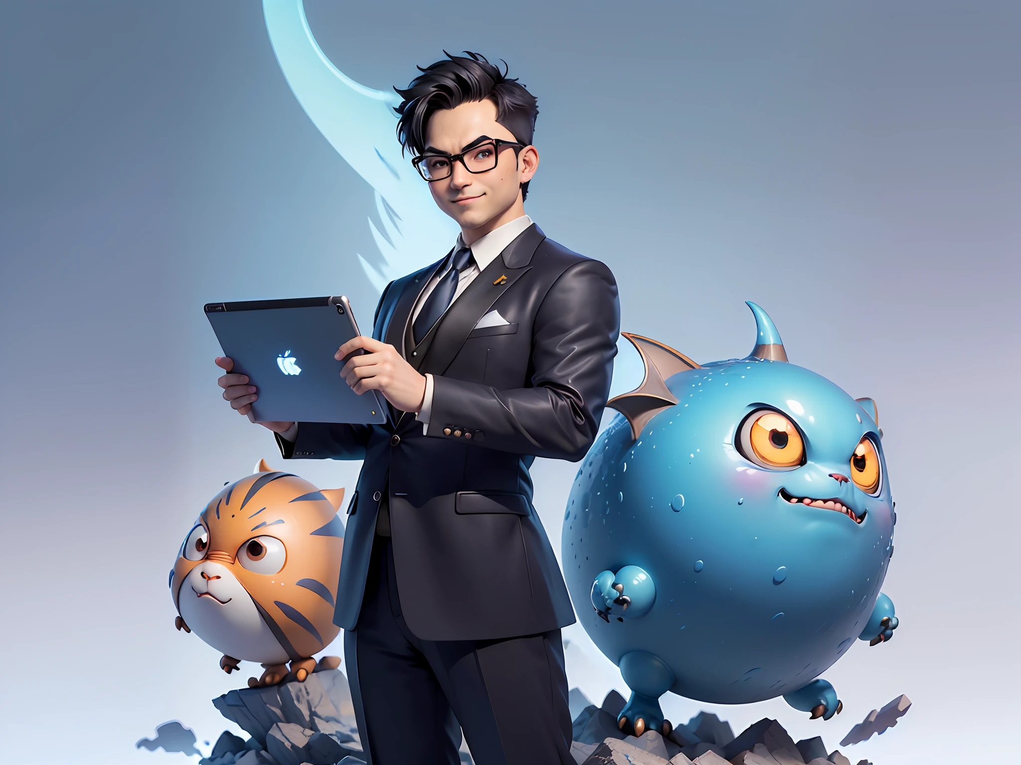 (((Masterpiece), (Excellent), (Super Meticulous), (Full Body: 1.2), Super Young Man, Oriental Face, Japanese Wind and Thunder God, Dragon, Tiger, TV Anchor, Bust Portrait Illustration, Alone, Black Formal Suit, Blue Tie, Slightly Chubby Face, Silver Glasses Face Very Clean No Beard, Black Super Short Hair, Black Eyes, Confident Smile, 3c Computer Sub-Products, iPad, iPhone, Digital Painting, 3D Character Design by Akira Toriyama and Mark Claireden and Pixar and Hayao Miyazaki, The illustration is a high-definition illustration in 4K resolution with very detailed facial features and cartoon-style visuals.