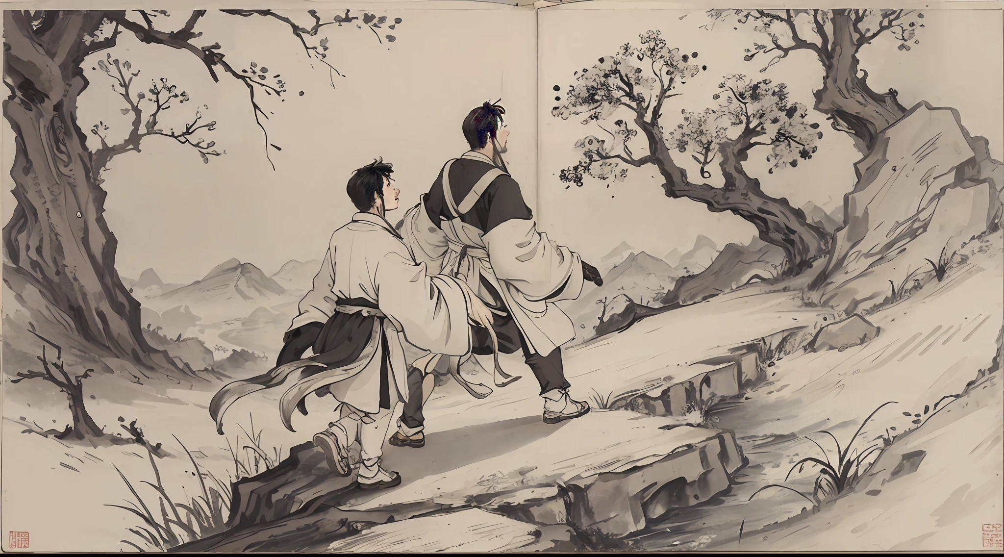 (Masterpiece, best quality: 1.2), traditional Chinese ink painting, far away, narrow road, grass, stone, tree, (two men: 1.2), talking,