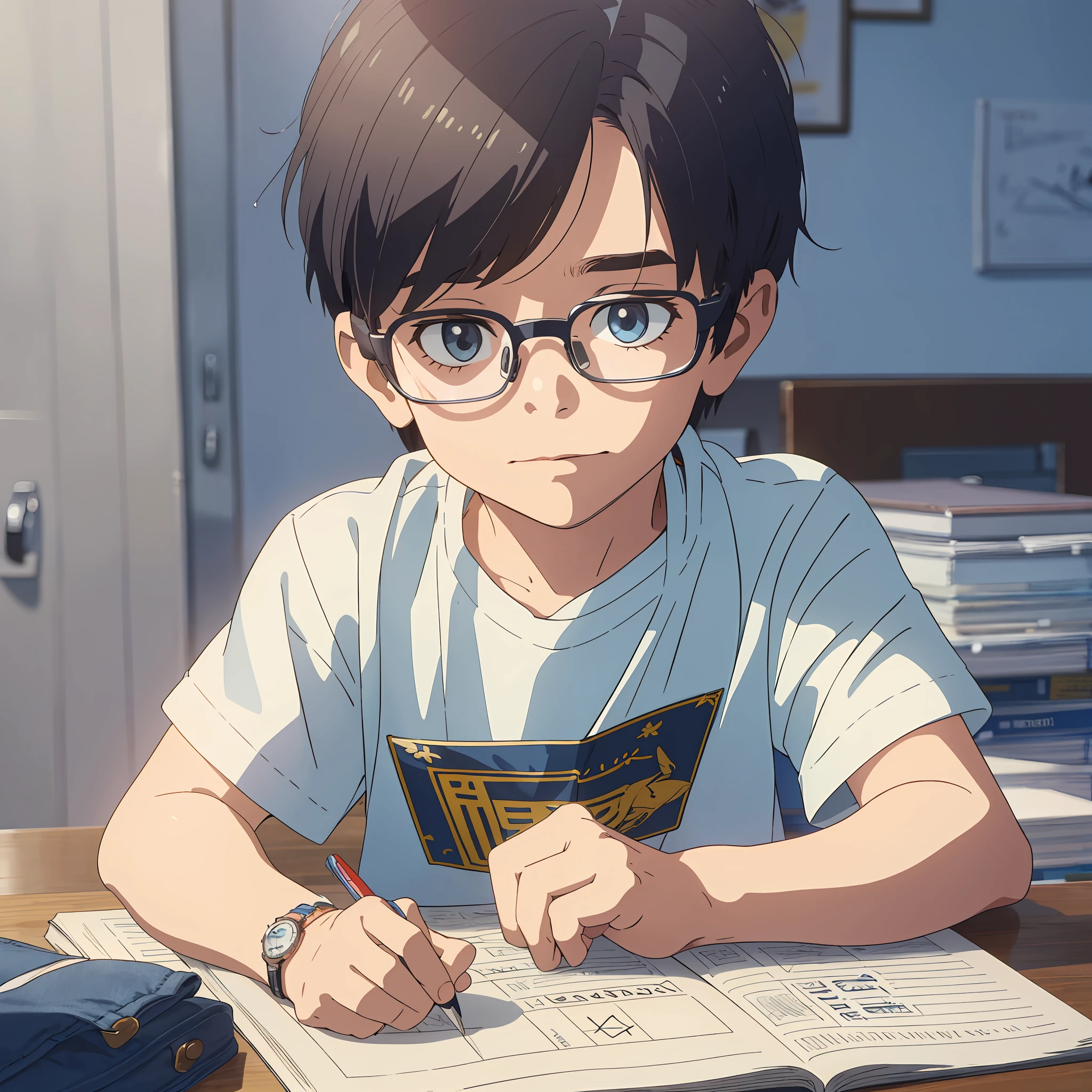 A little boy doing homework, wearing blue denim shorts, white short sleeves, with a watch, glasses, solid background --auto --s2