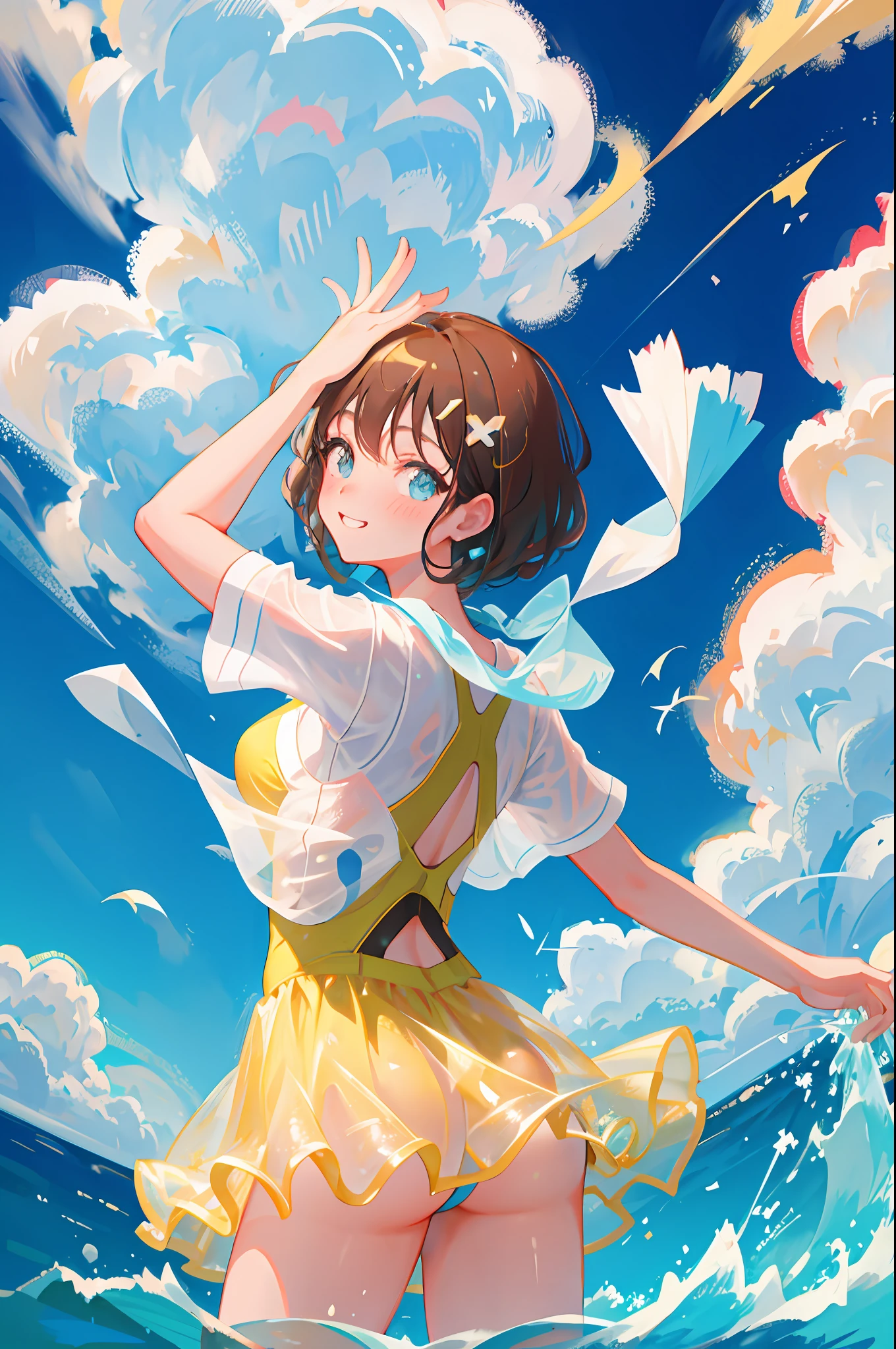 master-piece,hyper quality,hyper detailed,perfect drawing,solo, brilliant, beautiful, majestic, elegant, glittering, flower and bird wind moon, fantastic, quaint, beautiful girl in one swimsuit, back figure, round and cute ass, punipuni, meaty ass, buttocks sticking out pose, B99W66H110, chubby, plump, blush, sweat, Tanned skin, cheeky smile, swimming club, competitive swimsuit, one-piece type swimsuit, sober swimsuit, , blue sky, cumulonimbus clouds, brilliant sun, sparkling water surface, school swimsuit, competitive swimming pool, shot from the front diagonally below, bust up, see-through, thin fabric swimsuit, clearface, master-piece, hyper quality, hyper detailed, perfect drawing,CG,3D,8k,illustration,beautiful face girl,hiten_1,