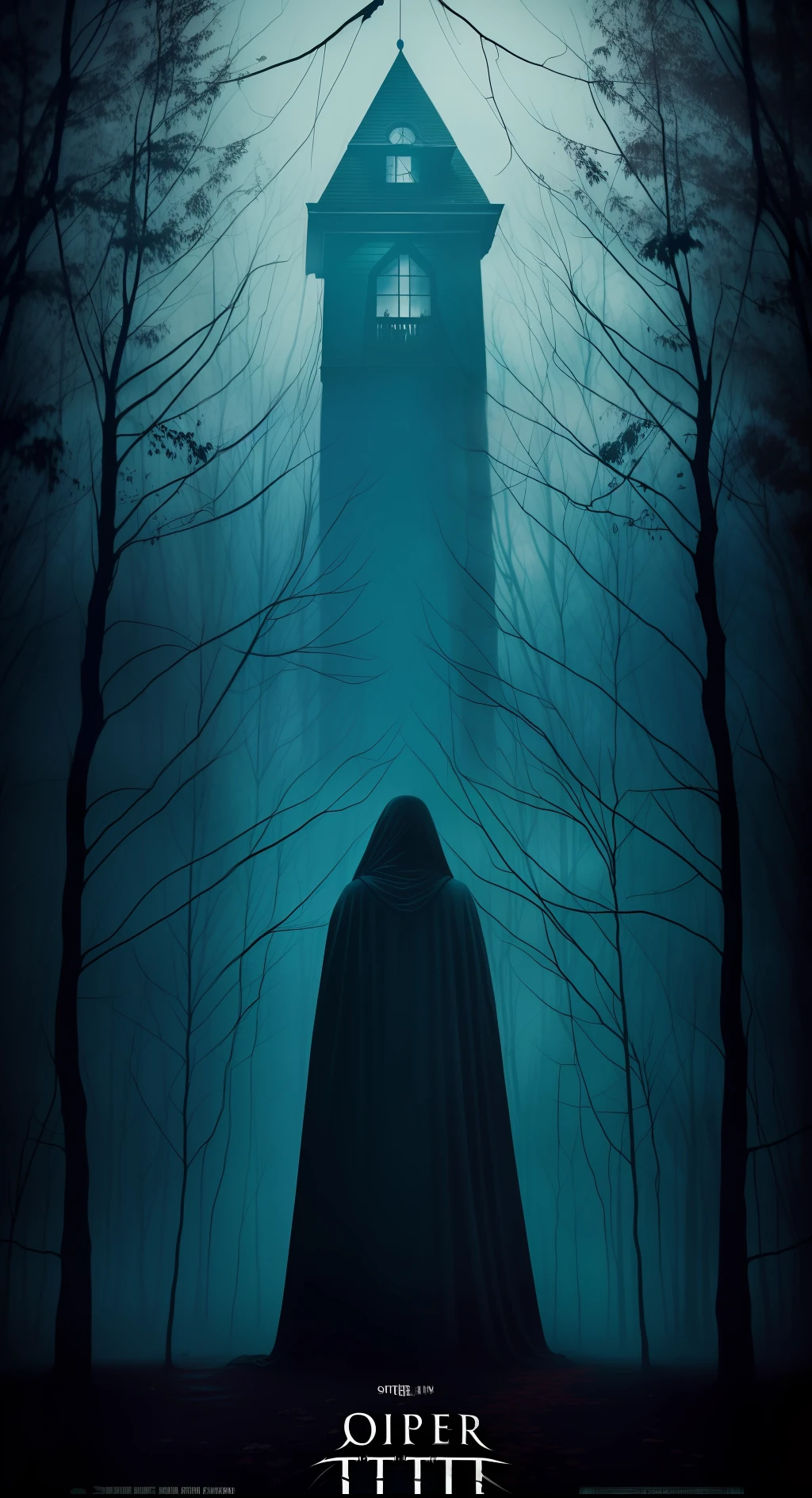 (horror movie poster, super detailed, really creepy), scared 1girl at center with flashlight, terrifying, impressionism, horror style, (HD 8k movie poster, dark slasher), (blood), (shadowy figure, eerie atmosphere), (cinematic mood), (horror movie poster), HD, blue filter, perfect cinematic, The Conjuring art style