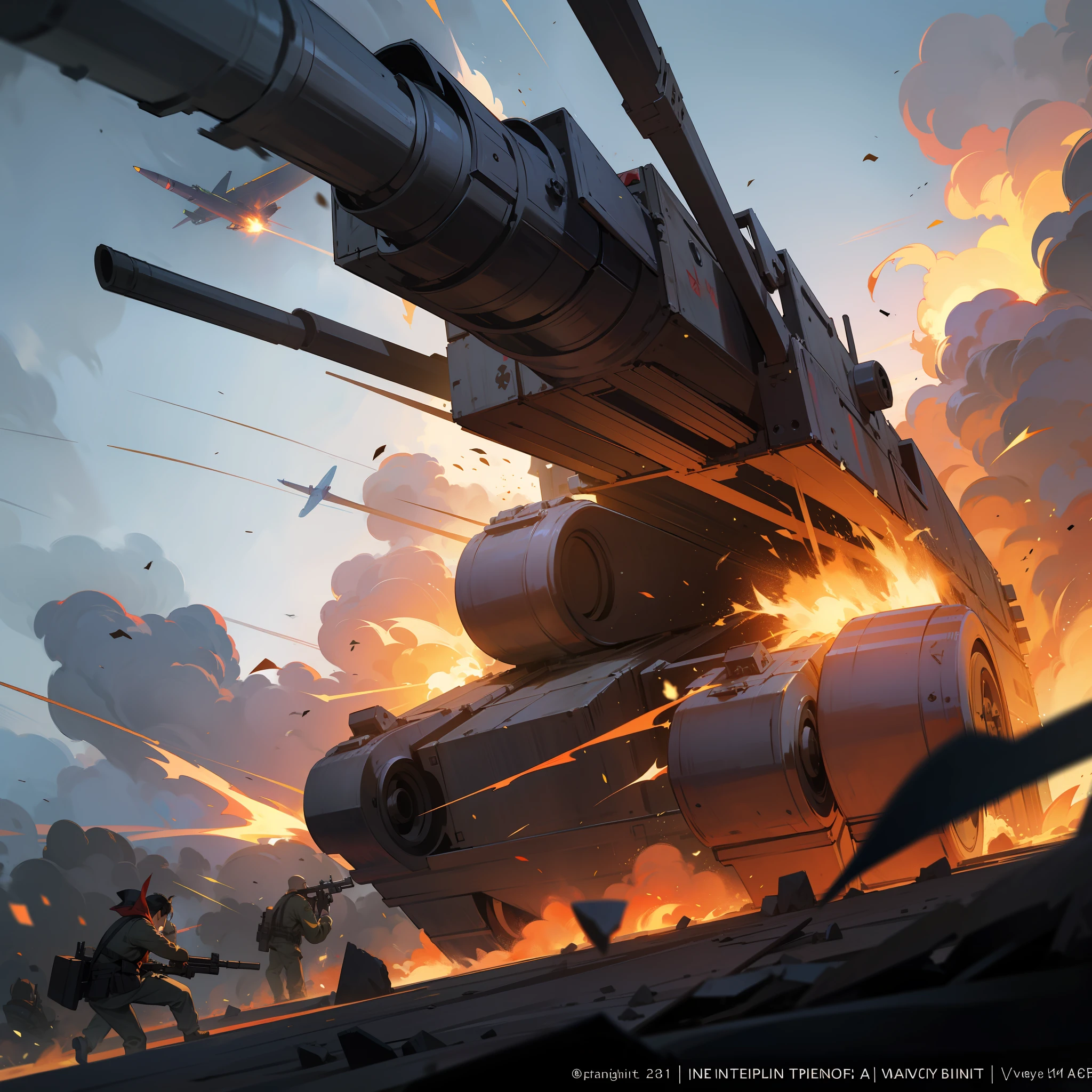 masterpiece, official art, 8k, masterpiece, best quality, highly detailed

The war scene is chaotic and intense, with planes soaring through the air, firing missiles and dropping bombs onto the ground. Smoke and flames rise up from the battlefield, as tanks and armored vehicles rumble forward, unleashing a barrage of cannon fire. In the distance, large artillery guns can be seen firing, sending shells screaming across the sky. Amidst the chaos, soldiers can be seen fighting bravely, taking cover behind sandbags and firing their rifles at the enemy. It is a scene of destruction, with buildings reduced to rubble and debris strewn everywhere. The sky is darkened by thick smoke and the sound of war can be heard echoing through the air.