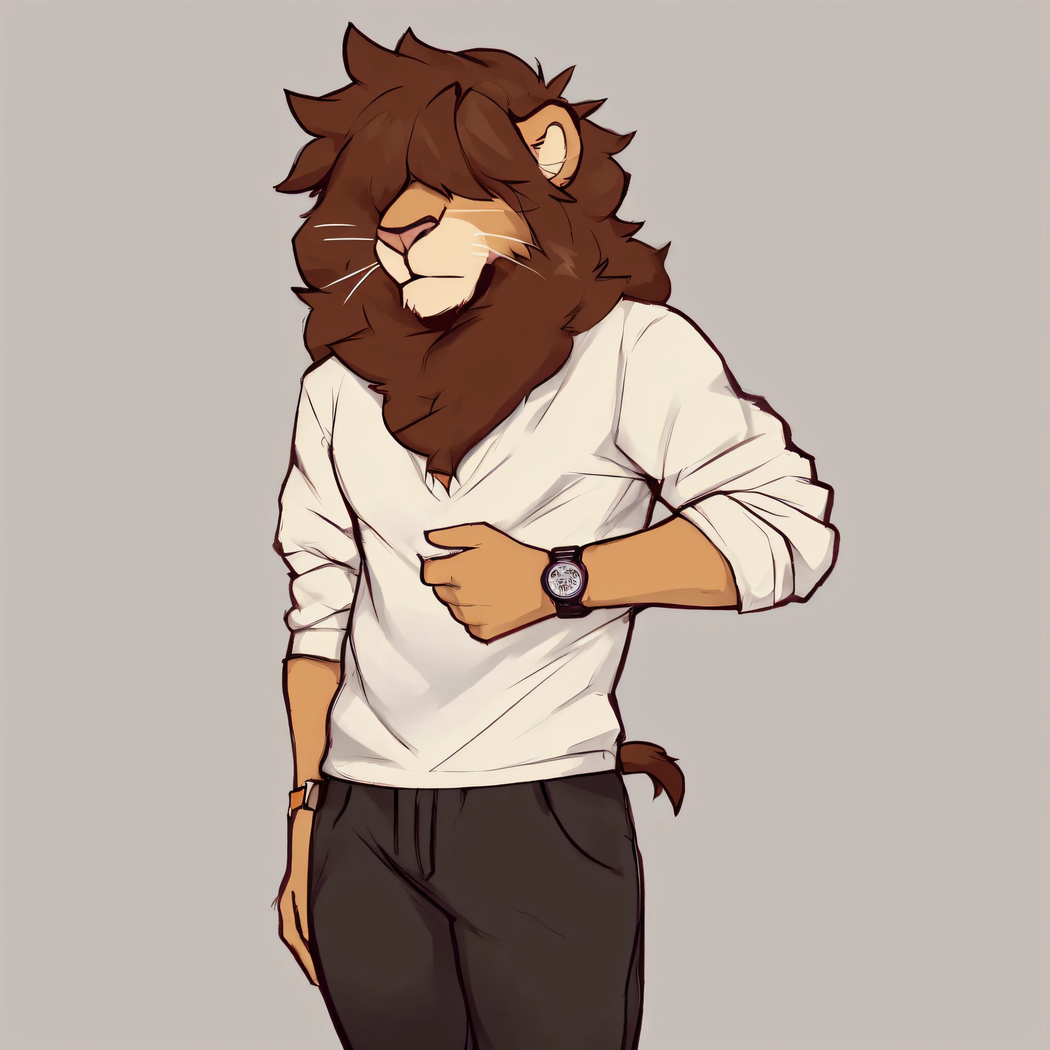 thin male solo cartoon lion by zackary911 hair over eyes wearing fashionable clothes thin broad chest brown mane slim scruffy colorful clothes variety of colors watch and drippy supreme