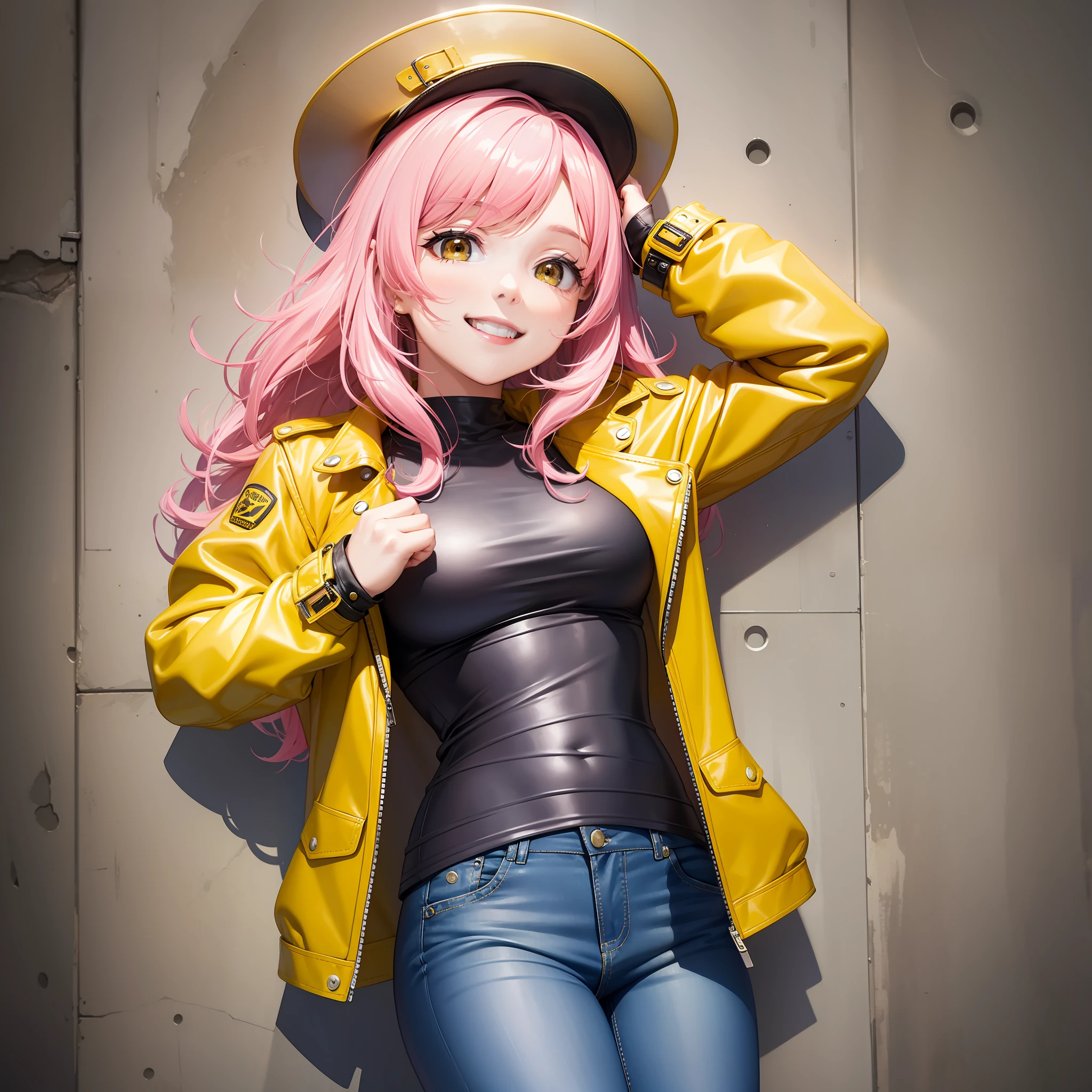Yellow Leather Jacket Girl Long Hair Top Quality Smile Pink Hair Masterpiece Jeans