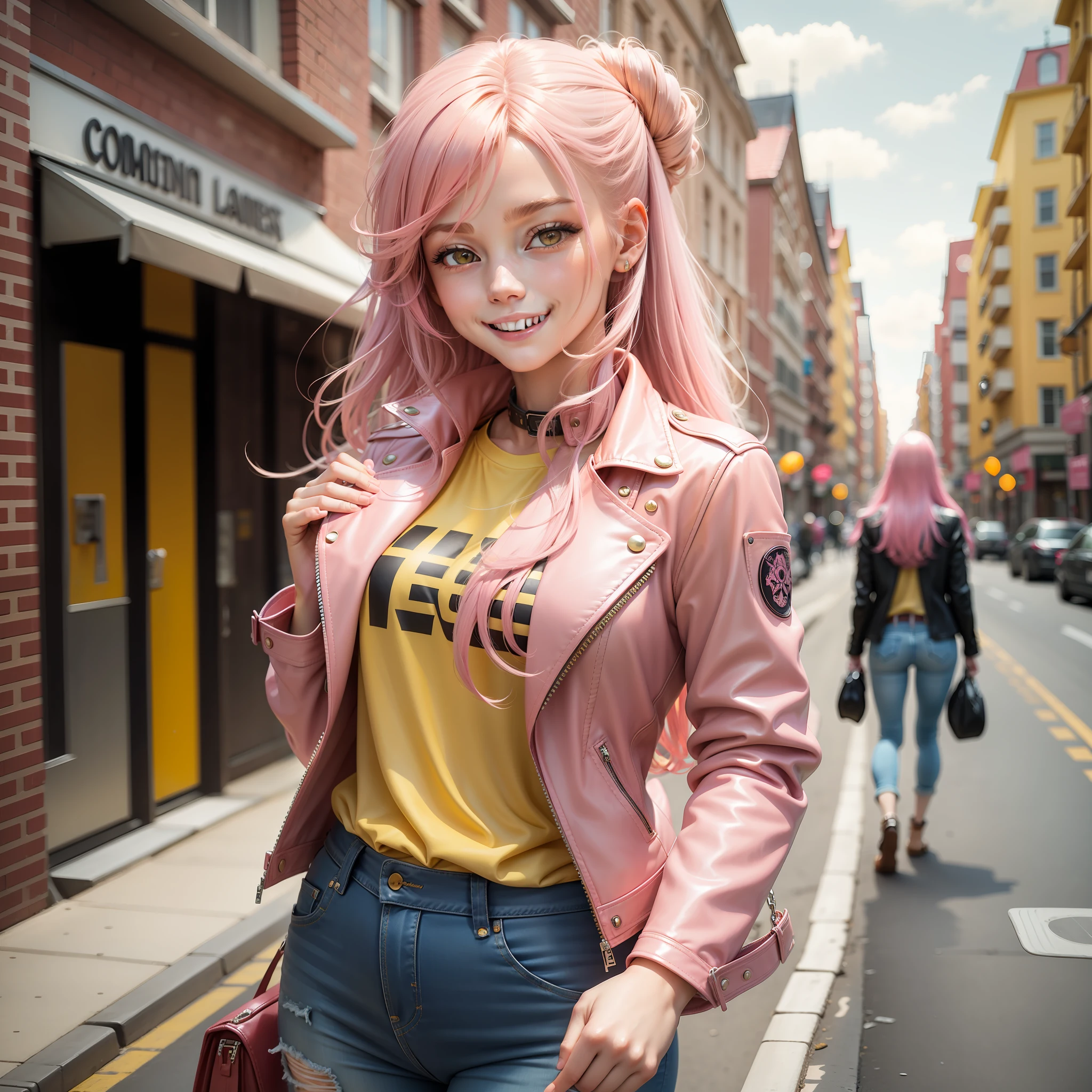 Yellow Leather Jacket Girl Long Hair Top Quality Smile Pink Hair Masterpiece Jeans