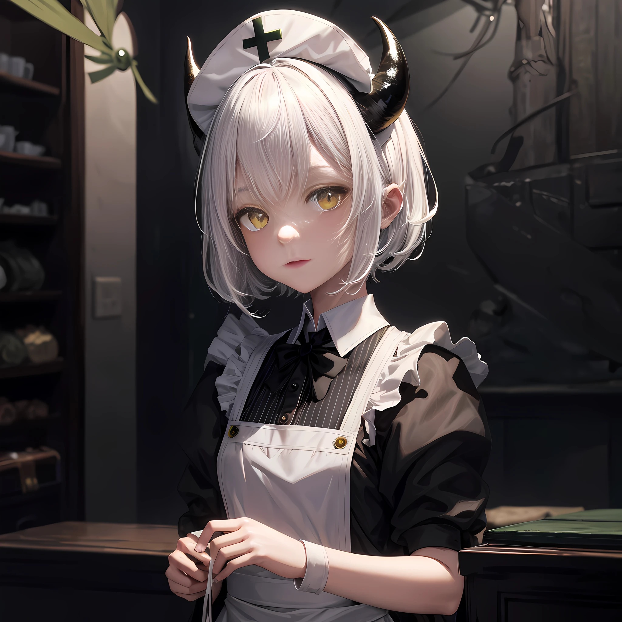 masterpiece, best quality, ultra-detailed, beautiful, HD, 1girl, solo, looking at viewer, center, young, ((black sheep horns)), white hair, ((short)), (((loli))), short hair, yellow eyes, freckled, (long black maid uniform), white apron, (white nurse's cap whit a green cross)), (green cross on chest), standing, infirmary background