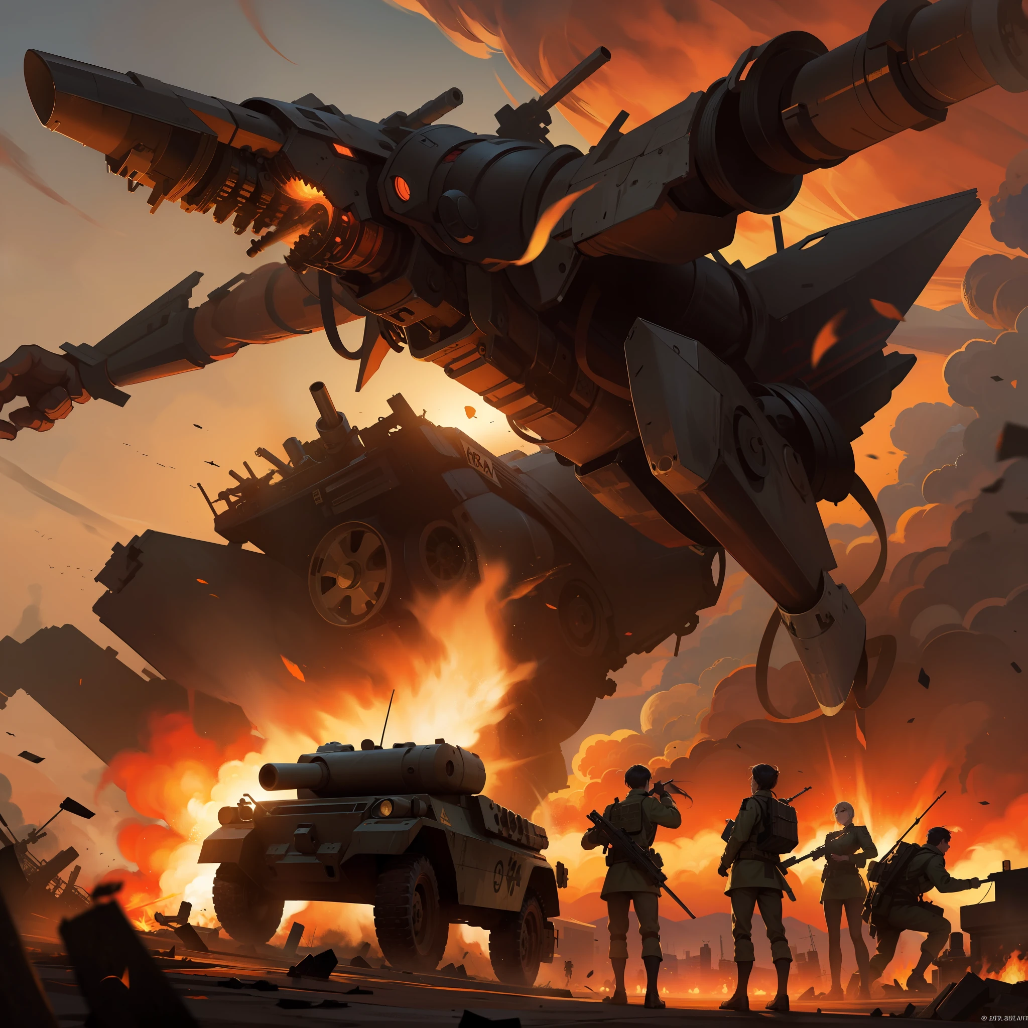 masterpiece, official art, 8k, masterpiece, best quality, highly detailed
The war scene is chaotic and intense, with planes soaring through the air, firing missiles and dropping bombs onto the ground. Smoke and flames rise up from the battlefield, as tanks and armored vehicles rumble forward, unleashing a barrage of cannon fire. In the distance, large artillery guns can be seen firing, sending shells screaming across the sky. Amidst the chaos, soldiers can be seen fighting bravely, taking cover behind sandbags and firing their rifles at the enemy. It is a scene of destruction, with buildings reduced to rubble and debris strewn everywhere. The sky is darkened by thick smoke and the sound of war can be heard echoing through the air.