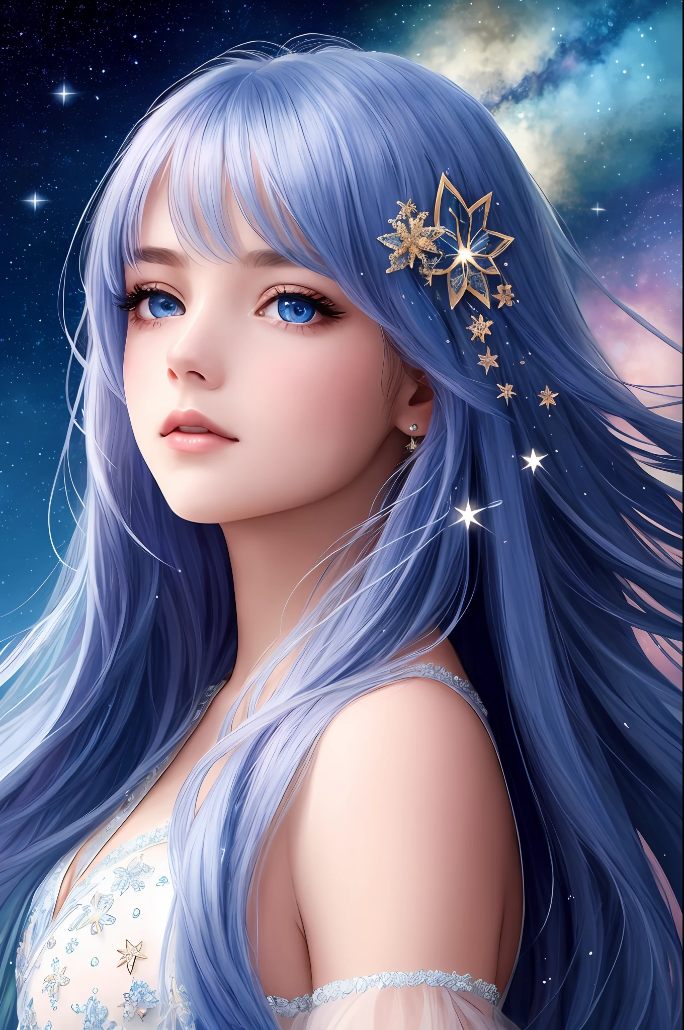 {{Best Quality}}, {{Masterpiece}}, {{Ultra Detail}}, {Illustration}, {Detailed Light}, {Extremely Delicate and Beautiful}, A Girl, {Beautiful Detail Eyes}, Stars in Eyes, Messy Floating Hair, Colored Inner Hair, Starry Sky Decorative Hair, Depth of Field, Side Face, Ink Style