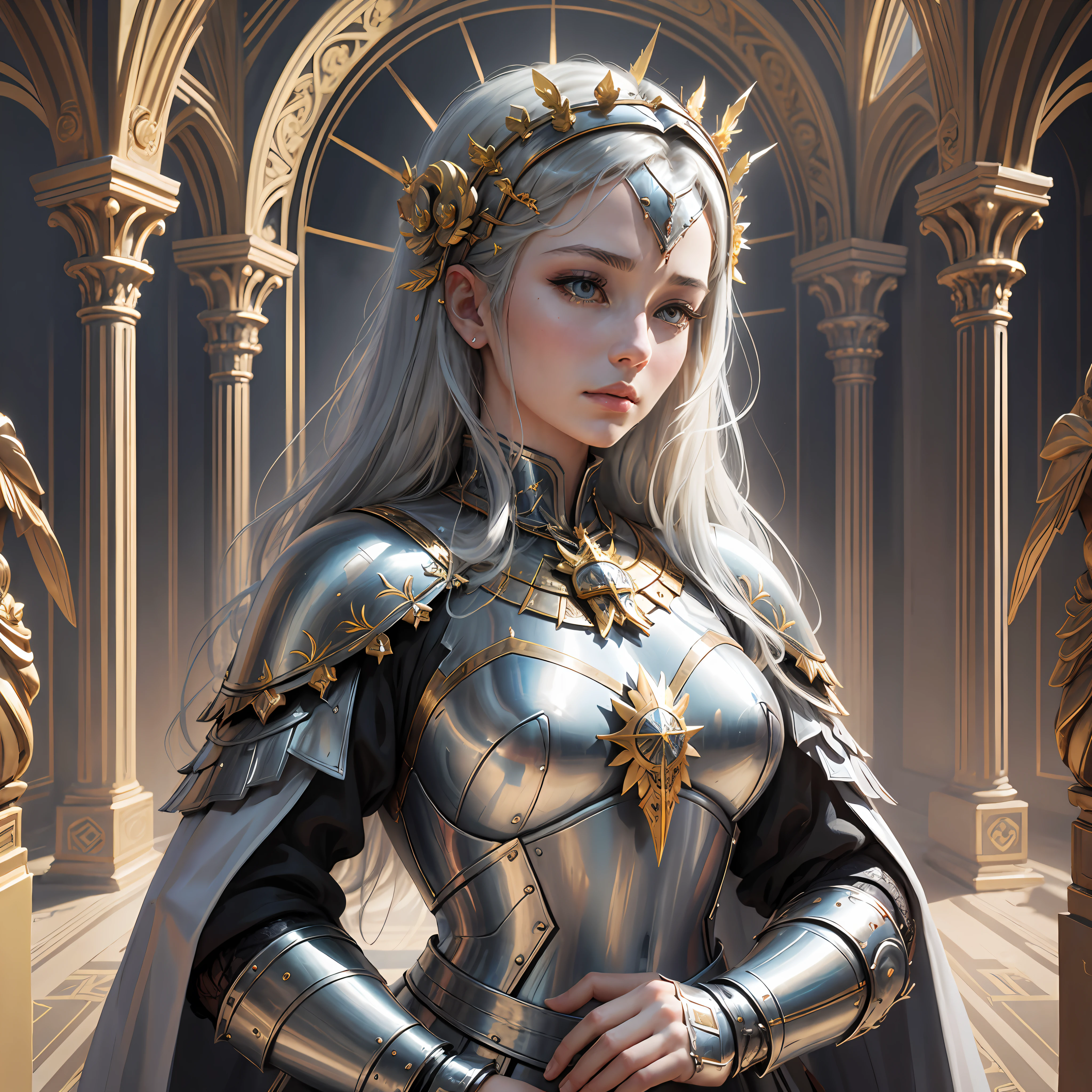 (masterpiece), (highest quality), (super delicate), praying figure, Joan of Arc, close-up of woman in gold and silver long dress, disheveled hair, detailed fantasy art, stunning character art, fan art best art station, magnificent exquisite character art, beautiful armor, highly detailed art germ, detailed digital animation art, art station pixiv Art Germ, Armored Daughter --auto --s2