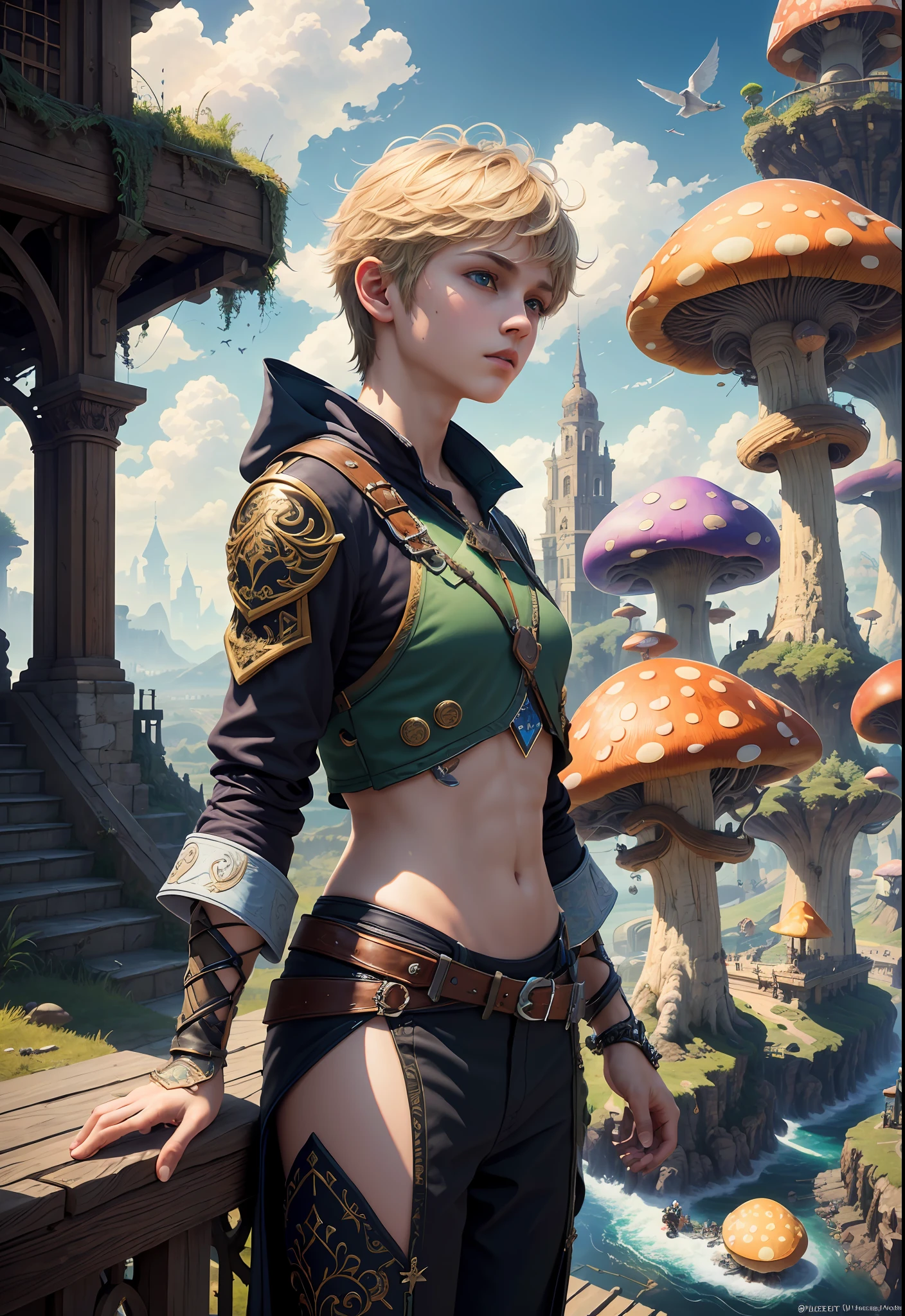 (((Multiplayer, Man and Woman))), Best Quality, Realistic, Realistic, Award-Winning Illustrations, (Intricate Details: 1.2), (Fine Details), (Intricate Details), (Cinematic Light, Best Quality Backlight), Clear Lines, Sharp Focus, Official Art, Unity 8k Wallpaper, Ridiculous, Incredibly Ridiculous, Fantasy Art, RTX, ((Award-winning Triangle Studio Close-up Photo)), 1 Boy, (Shut Up), Best Quality, 4K, beautiful mysterious creatures, blond male, flying, surrealism, masterpiece of NCWINTERS, masterpiece in mysterious country town, masterpiece, intricate details, ff14style, urban painting, bridge, river, giant mushroom, landscape, bright colors,