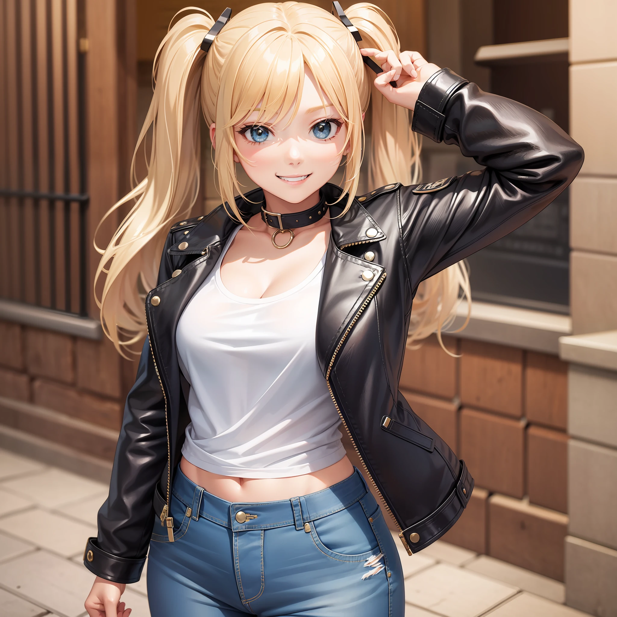 Leather jacket Girl Long Hair Top Quality Smile Blonde Masterpiece Jeans Twin Tails